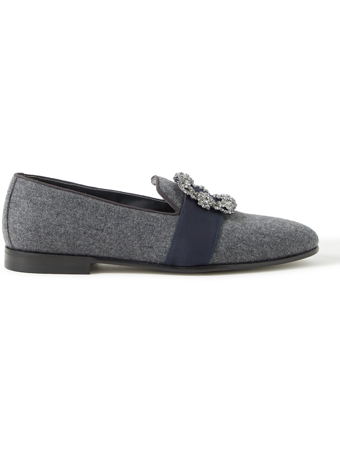 Manolo Blahnik Carlton Crystal-embellished Grosgrain-trimmed Wool-blend Loafers In Gray