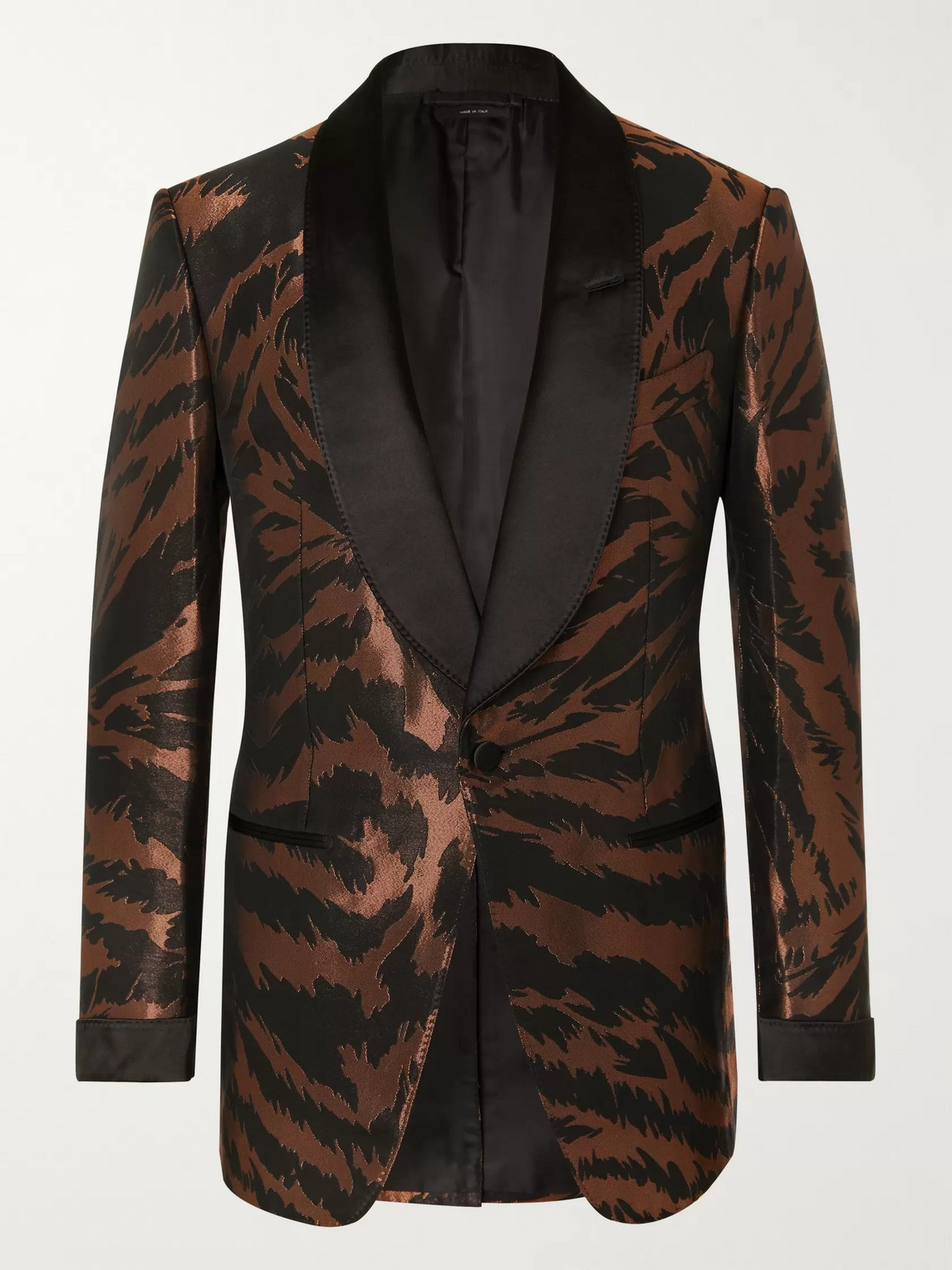 Tom Ford Copper Slim-fit Satin-trimmed Zebra-jacquard Tuxedo Jacket In Metallic