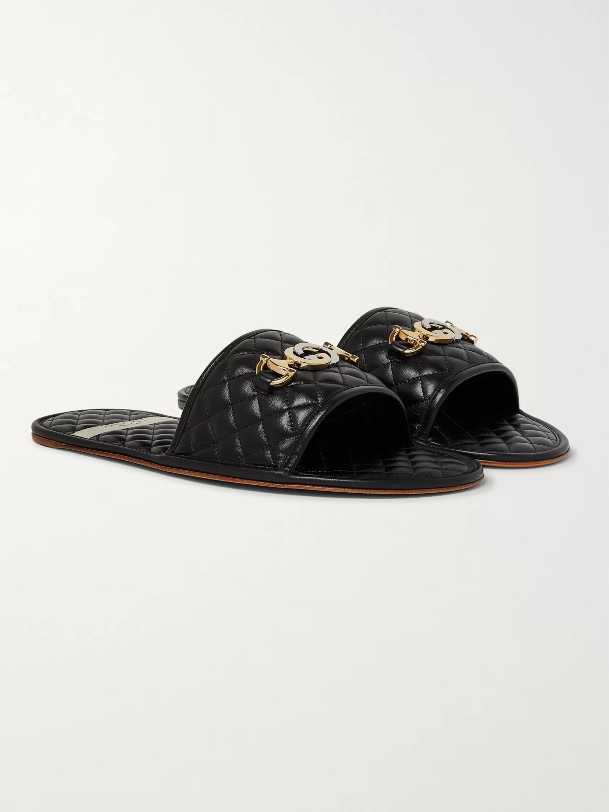 Black Horsebit Quilted Leather Slides 