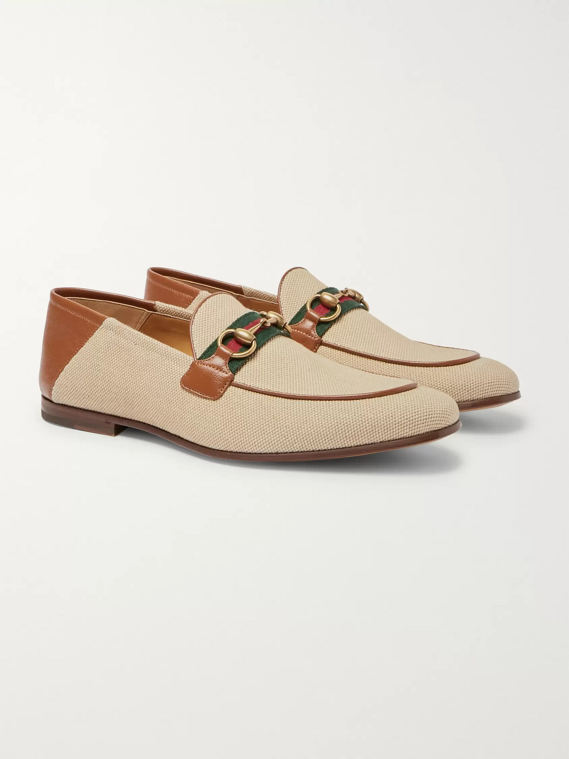 GUCCI BRIXTON WEBBING-TRIMMED HORSEBIT COLLAPSIBLE-HEEL CANVAS AND LEATHER LOAFERS