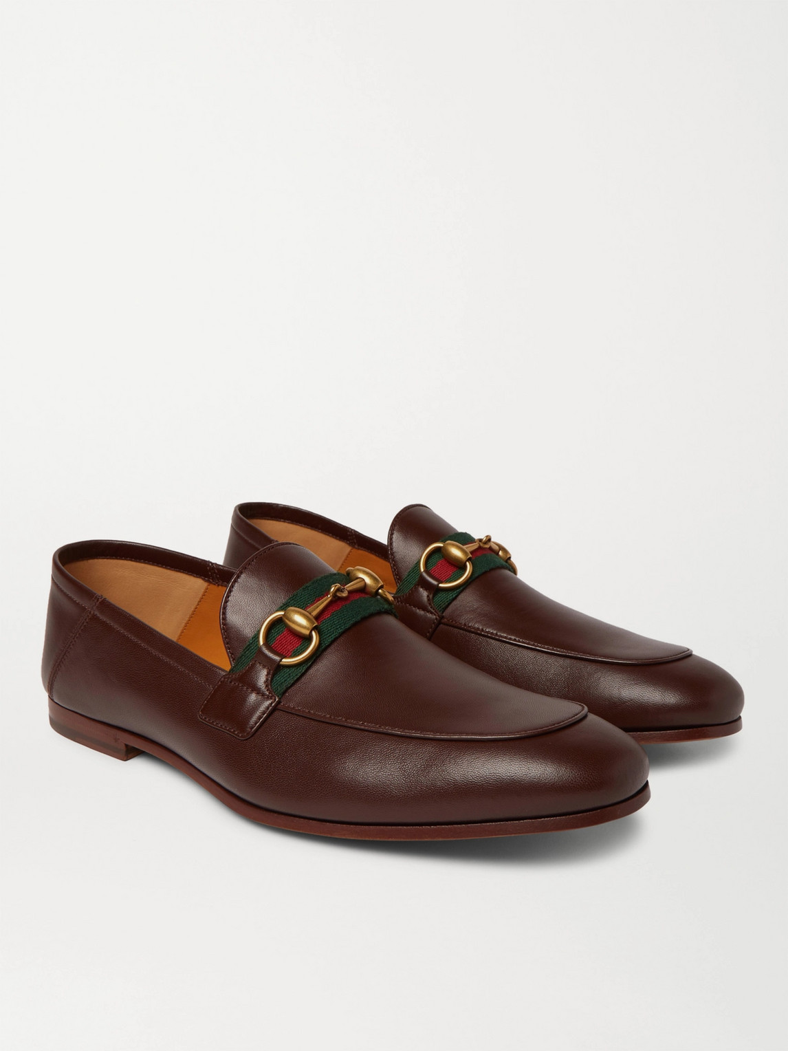 GUCCI BRIXTON WEBBING-TRIMMED HORSEBIT COLLAPSIBLE-HEEL LEATHER LOAFERS