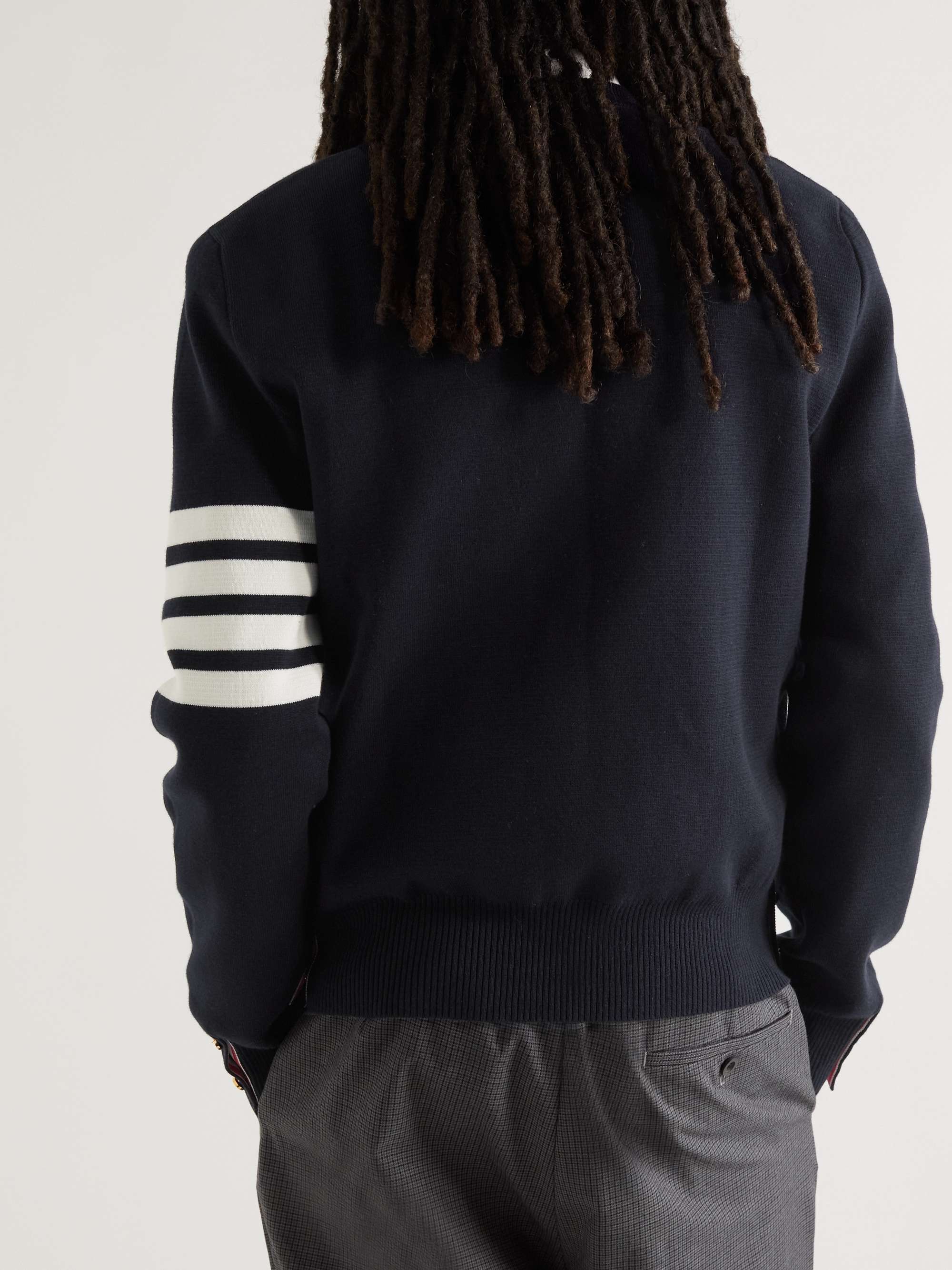 THOM BROWNE Striped Grosgrain-Trimmed Cotton Sweater