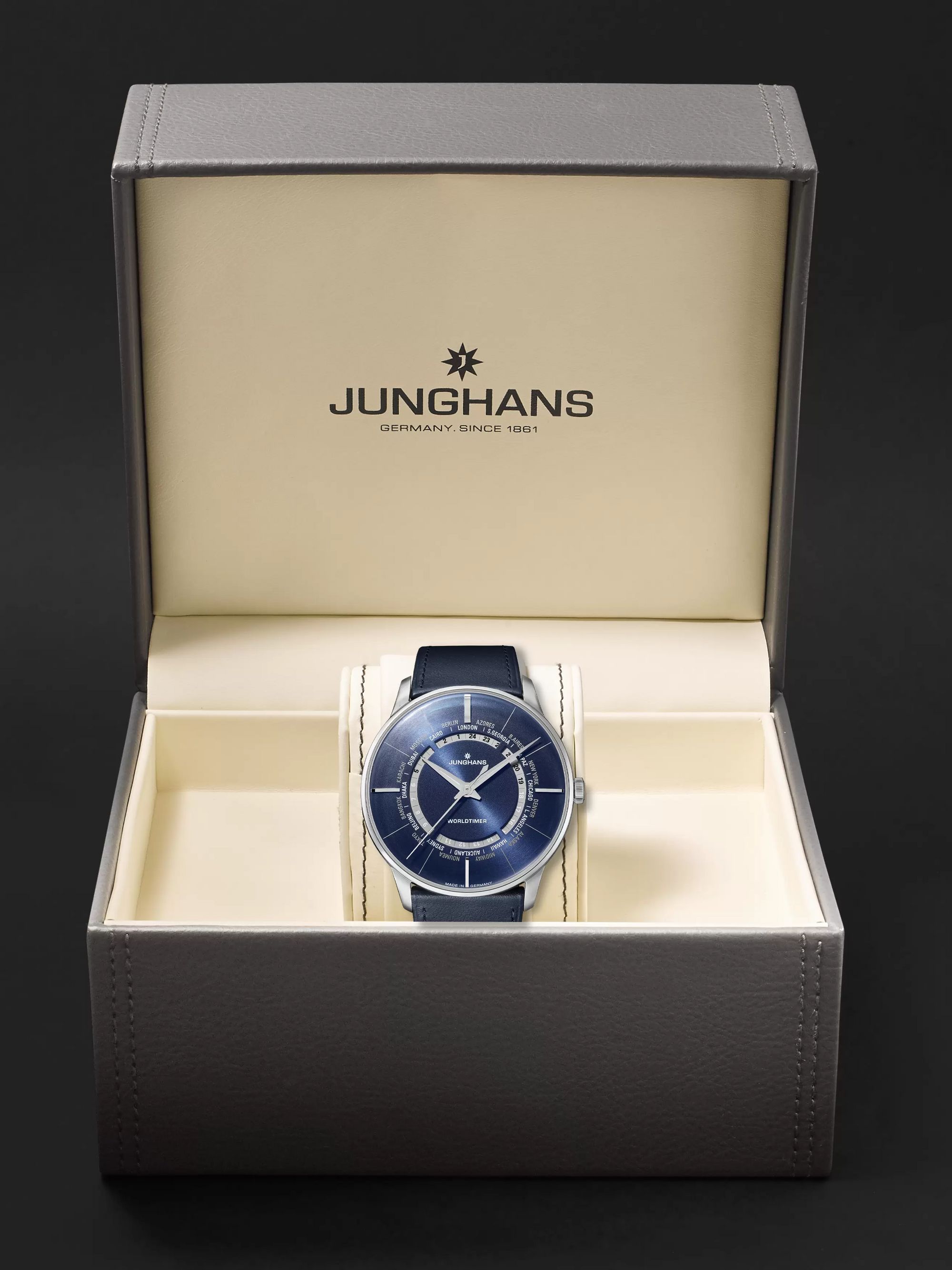 JUNGHANS Meister Worldtimer Automatic 40.4mm PVD-Coated Stainless Steel and Leather Watch, Ref. No. 027/5013.02