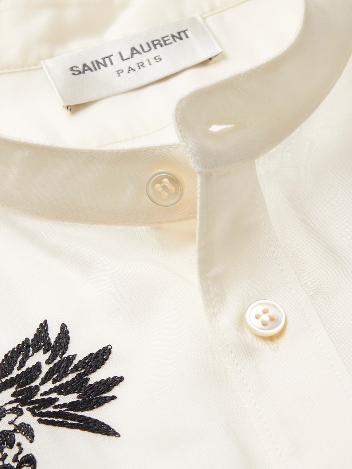 Shop Saint Laurent Grandad-collar Embroidered Voile Shirt In White