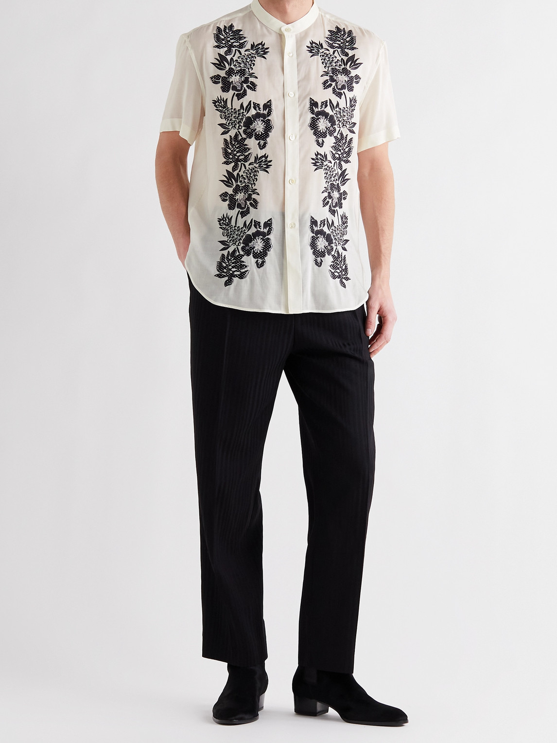 Shop Saint Laurent Grandad-collar Embroidered Voile Shirt In White