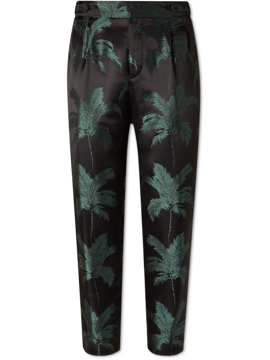 SAINT LAURENT TAPERED CROPPED PLEATED SATIN-JACQUARD TROUSERS