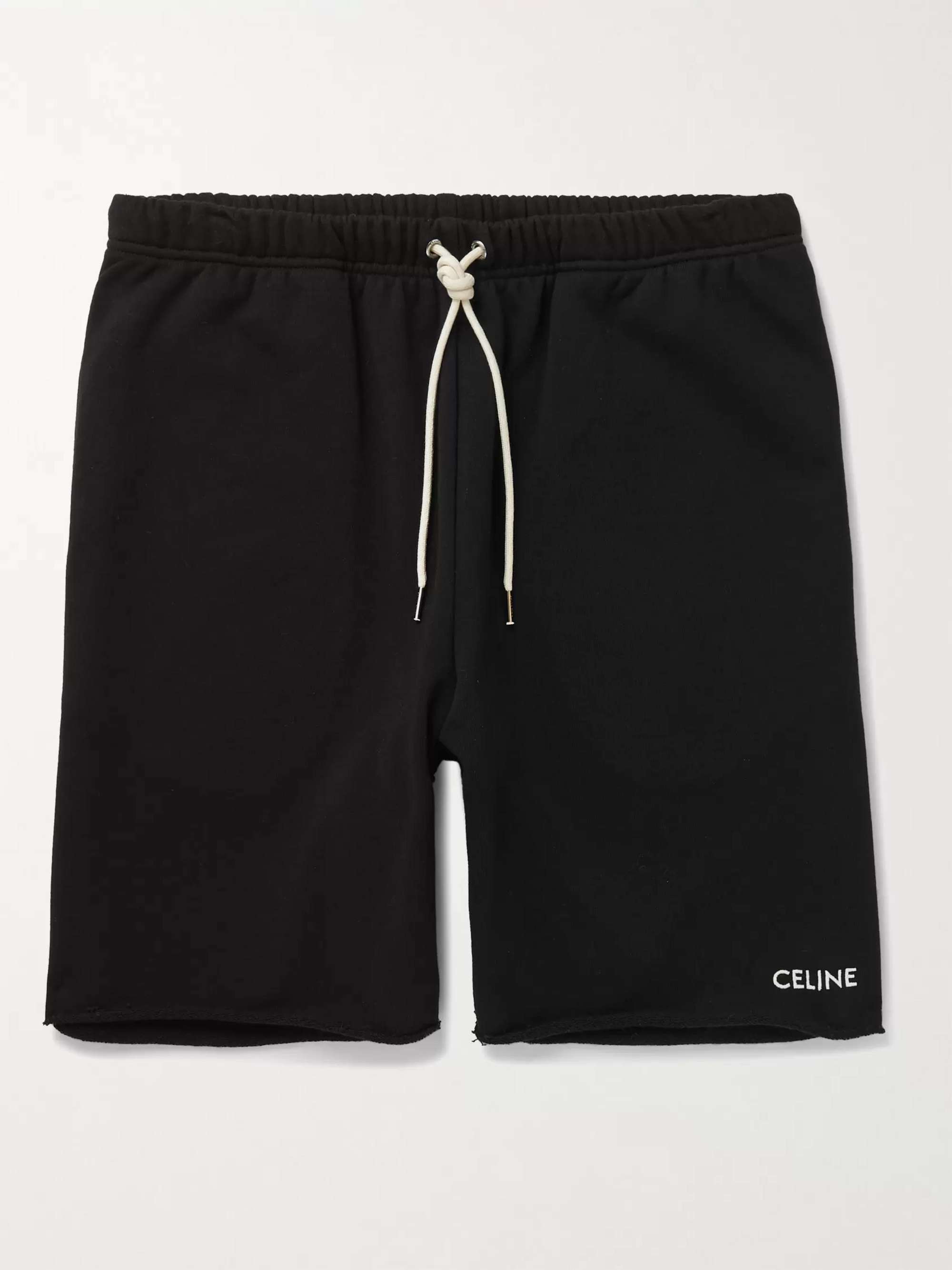 셀린느 옴므 로고 반바지 CELINE HOMME Straight-Leg Logo-Embroidered Cotton-Jersey Drawstring Shorts,Black