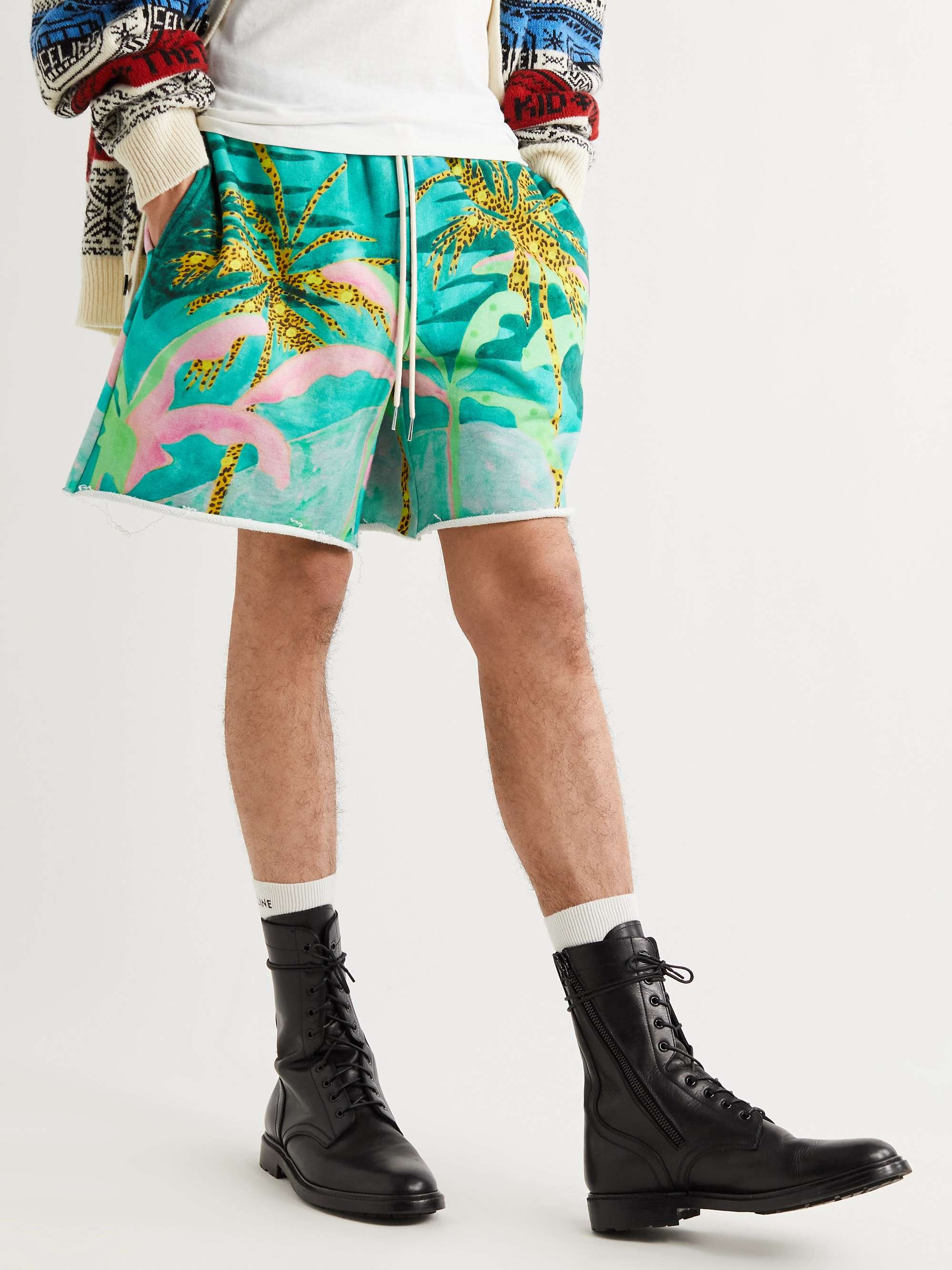 CELINE HOMME Wide-Leg Logo-Print Cotton-Jersey Drawstring Shorts