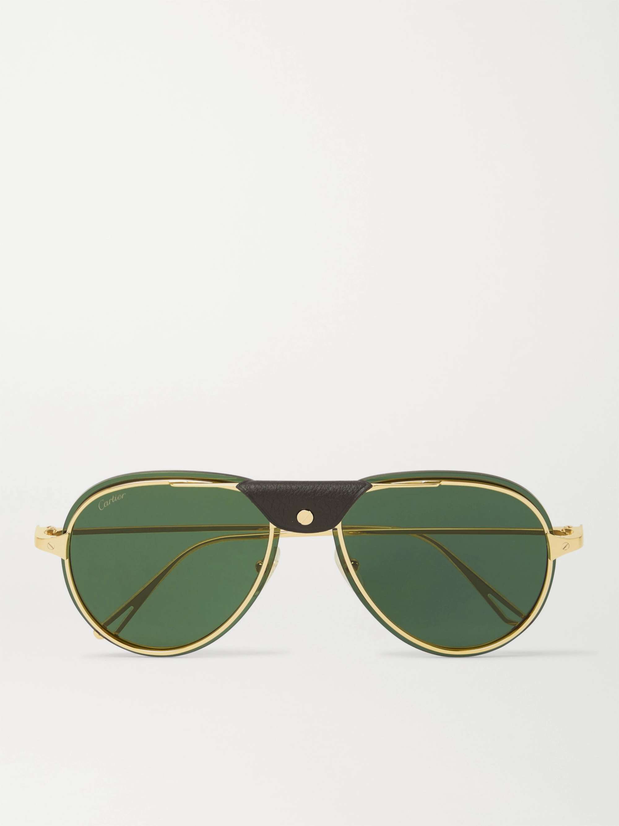 CARTIER EYEWEAR Aviator-Style Leather-Trimmed Gold-Tone Polarised Sunglasses