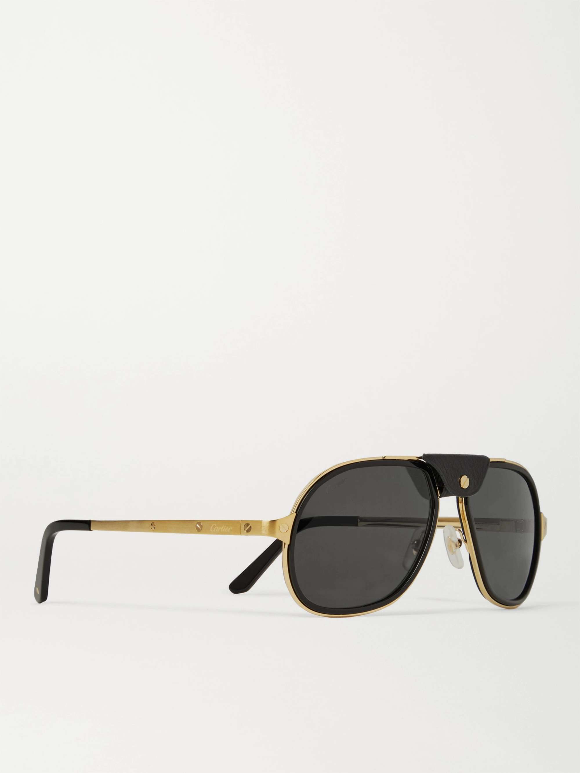 CARTIER EYEWEAR Aviator-Style Leather-Trimmed Gold-Tone and Acetate Sunglasses