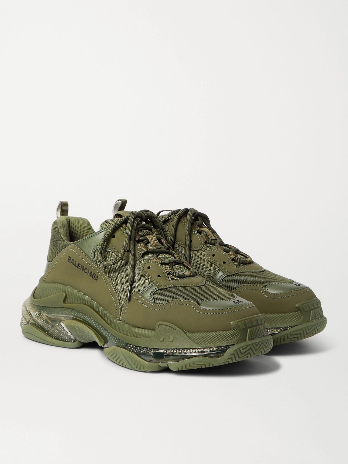 BALENCIAGA TRIPLE S CLEAR SOLE MESH, NUBUCK AND LEATHER SNEAKERS