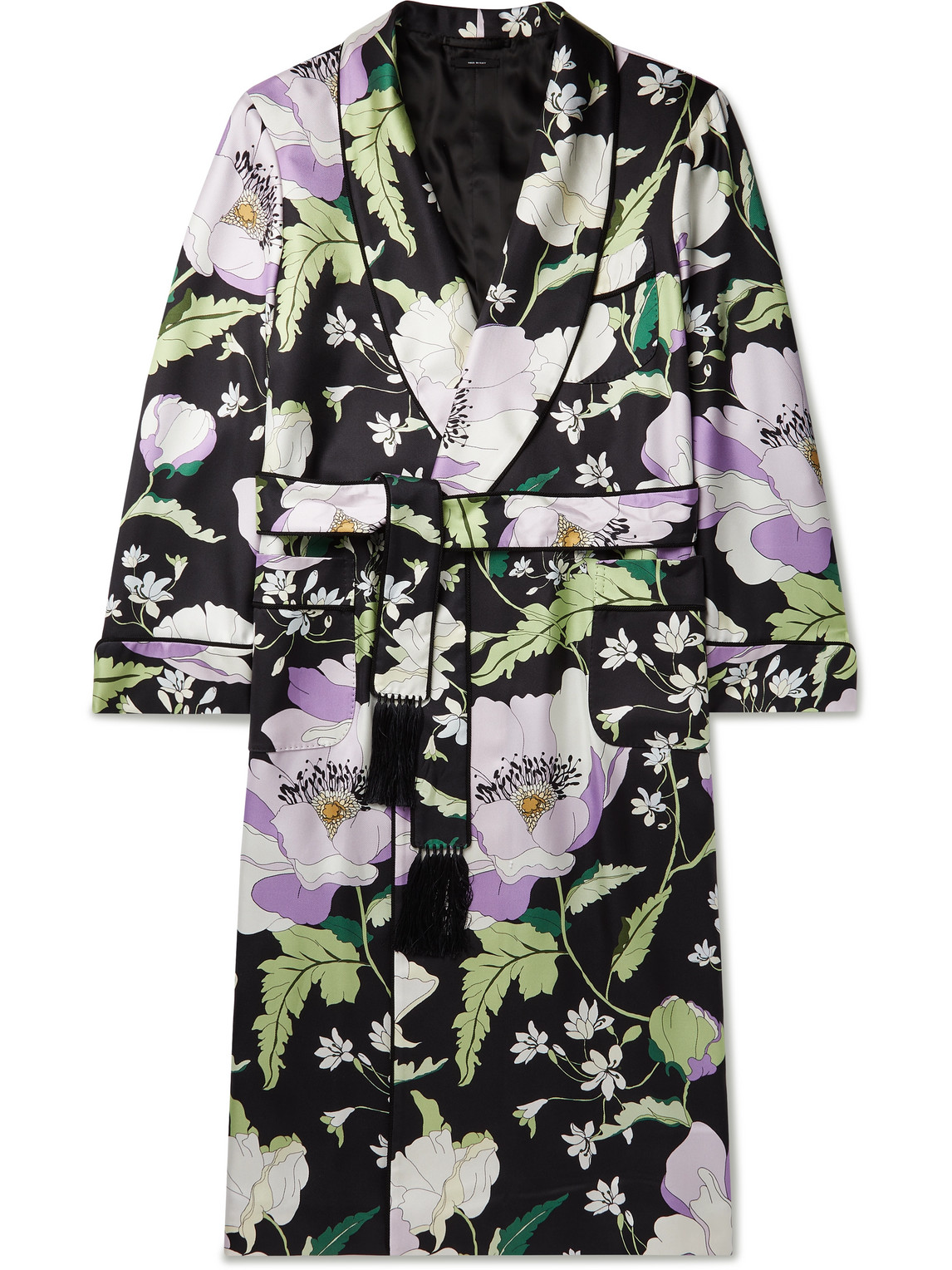 Tom Ford Tasselled Piped Floral-print Silk-twill Robe In Blue