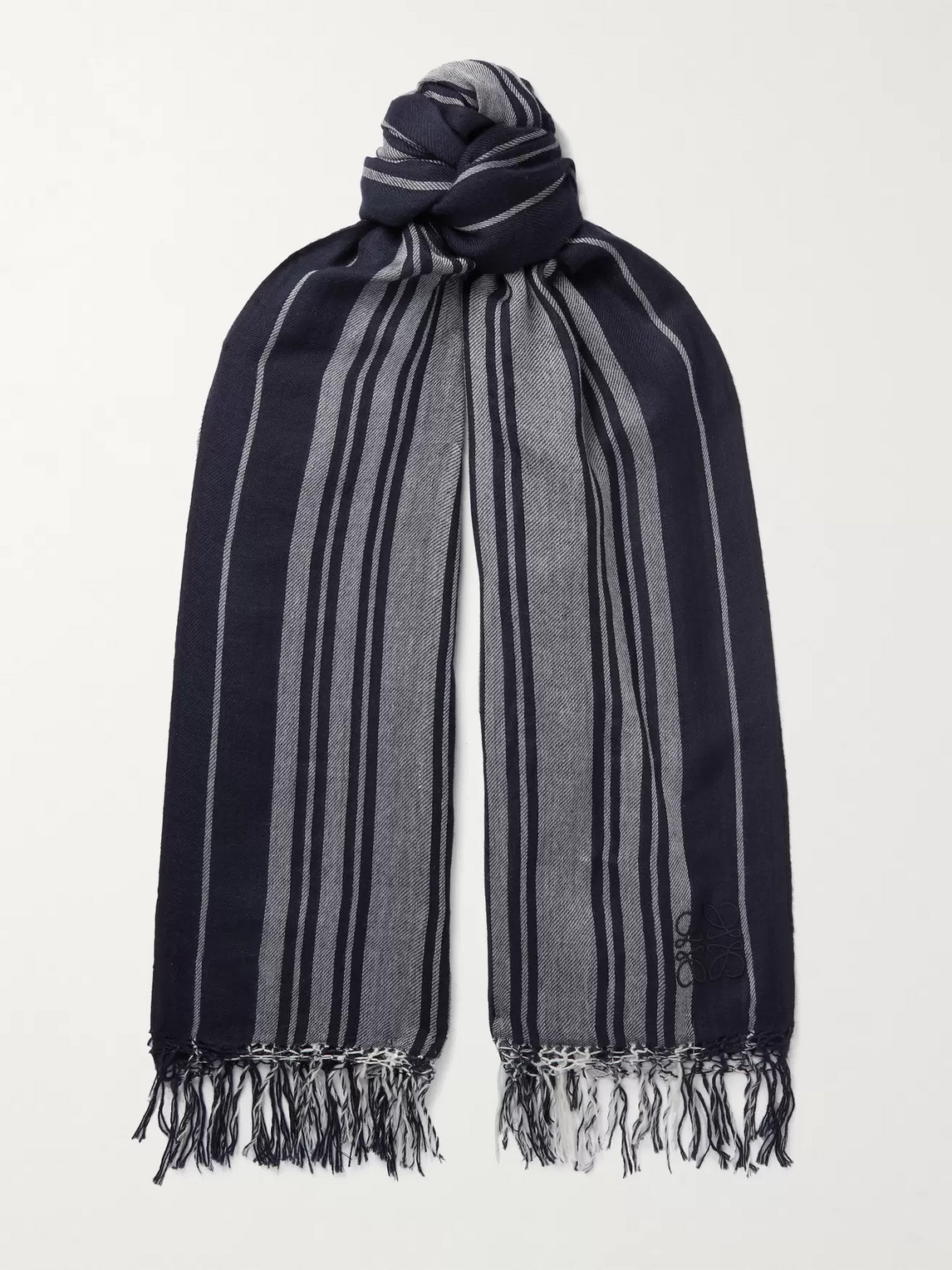 Loewe Logo-embroidered Fringed Striped Cashmere Scarf In Blue