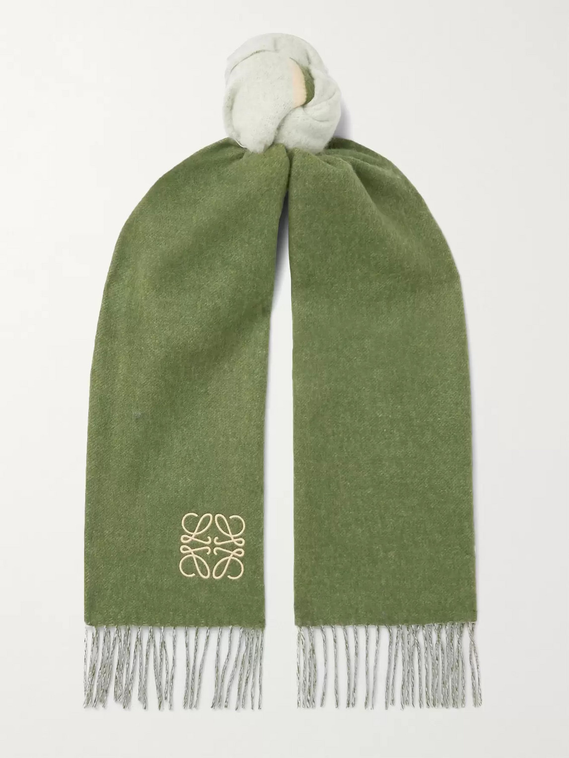 Loewe Window Logo-embroiderd Colour-block Wool And Cashmere-blend Scarf In Green