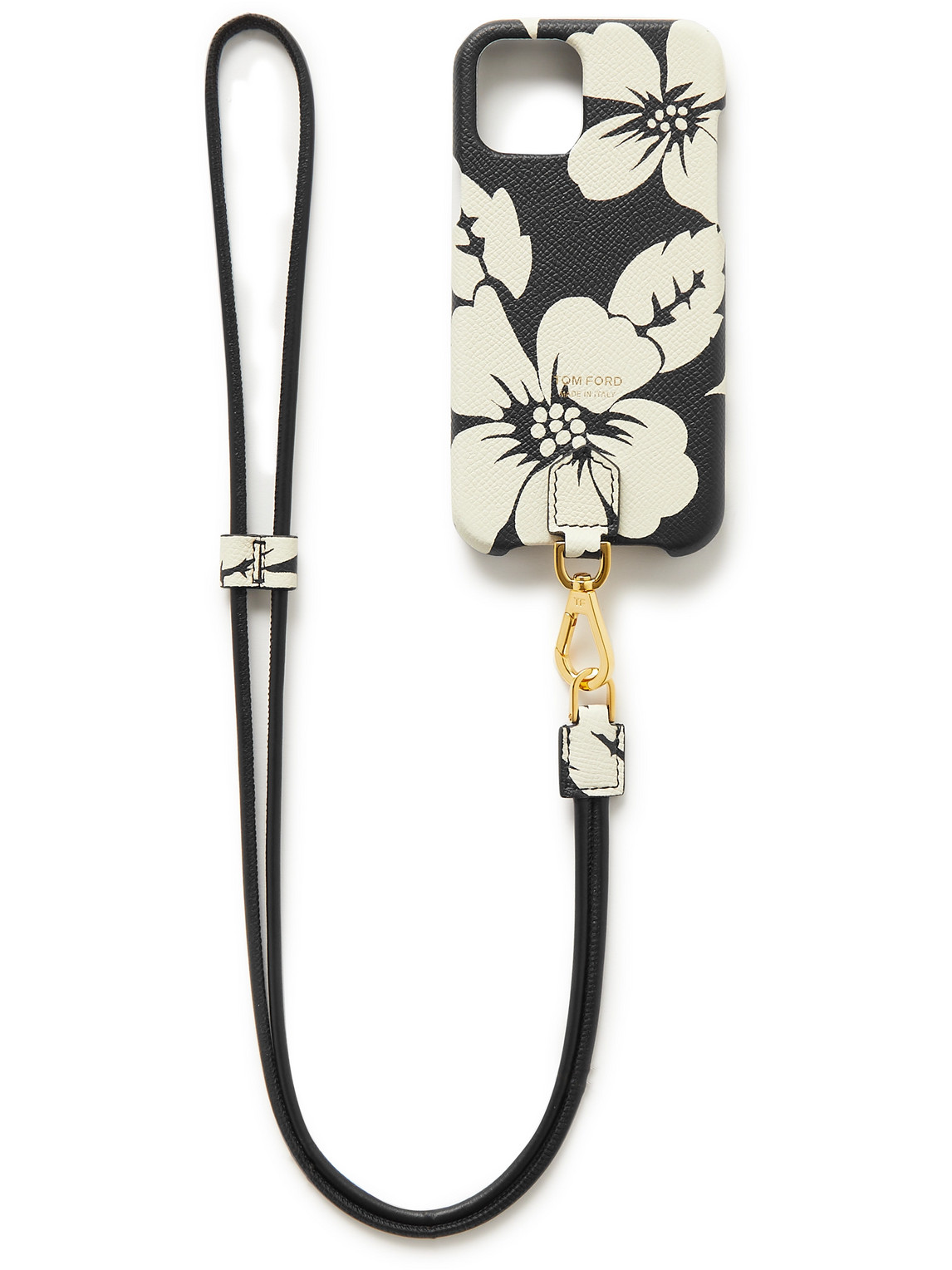Tom Ford Floral-print Full-grain Leather Iphone 11 Pro Case With Lanyard In Black