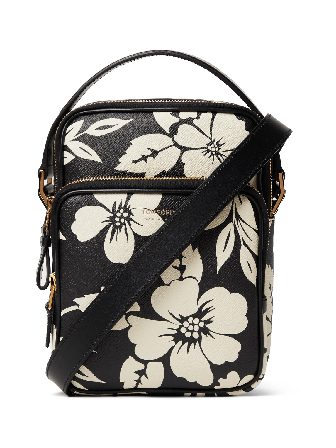 Tom Ford Floral-print Full-grain Leather Messenger Bag In Black
