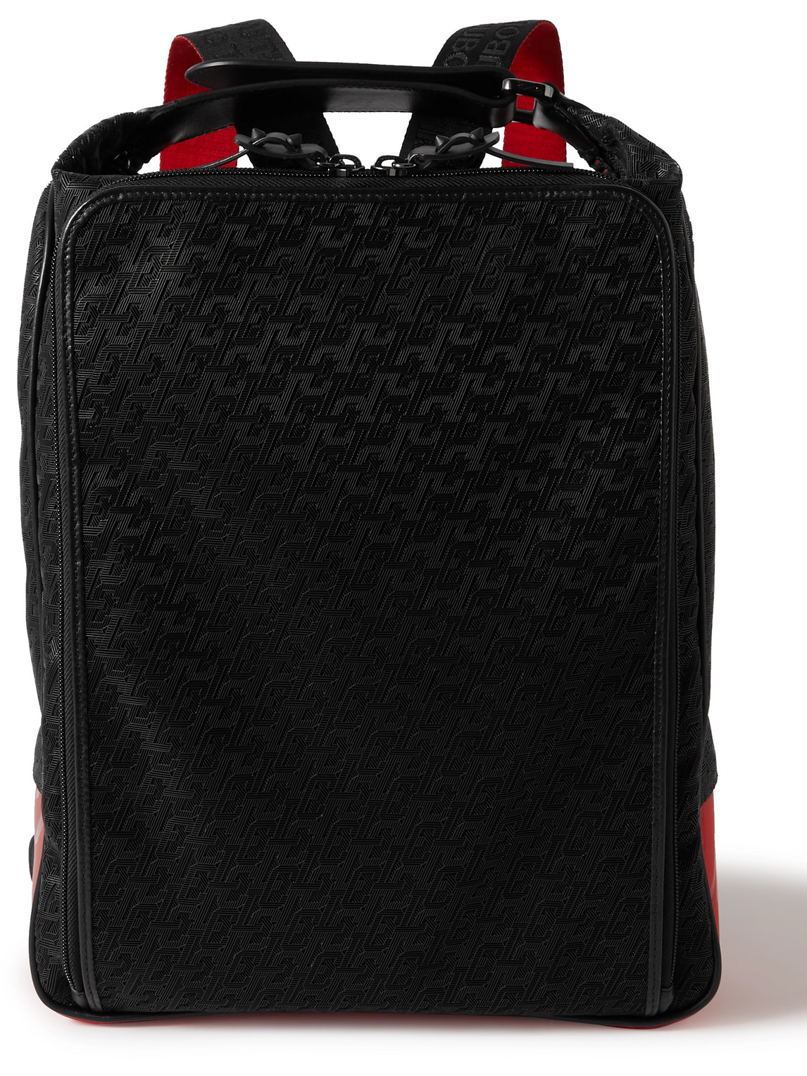 CHRISTIAN LOUBOUTIN LEATHER-TRIMMED LOGO-JACQUARD COATED-CANVAS AND MESH BACKPACK