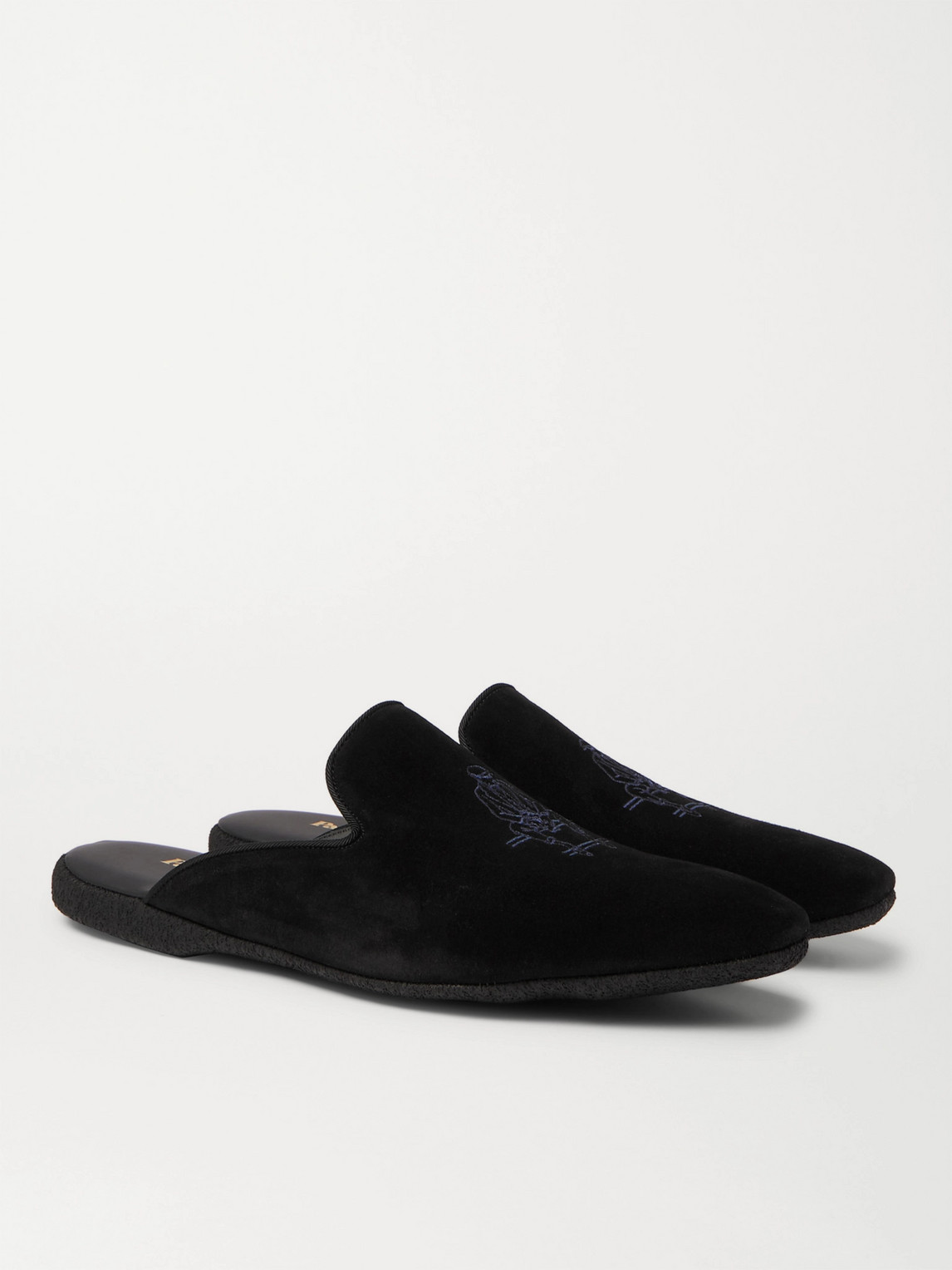 Paul Stuart Hamilton Embroidered Suede Slippers In Black