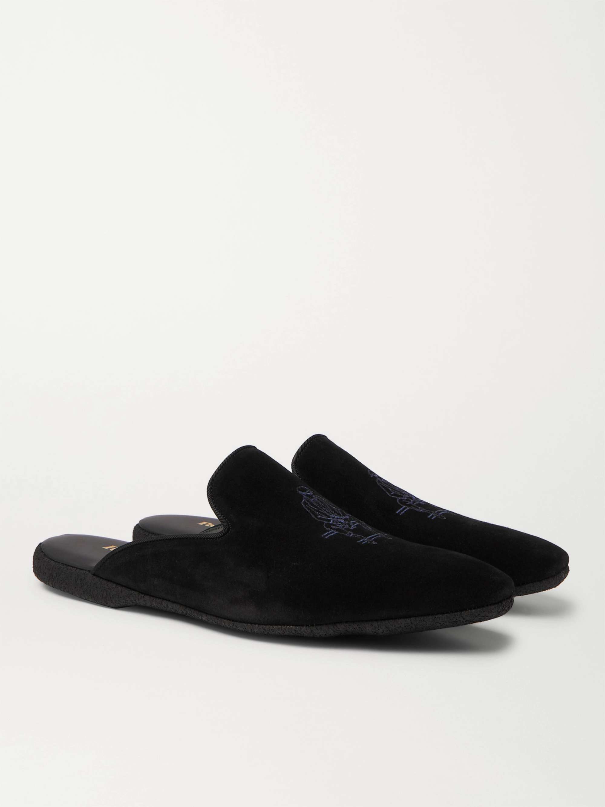 PAUL STUART Hamilton Embroidered Suede Slippers