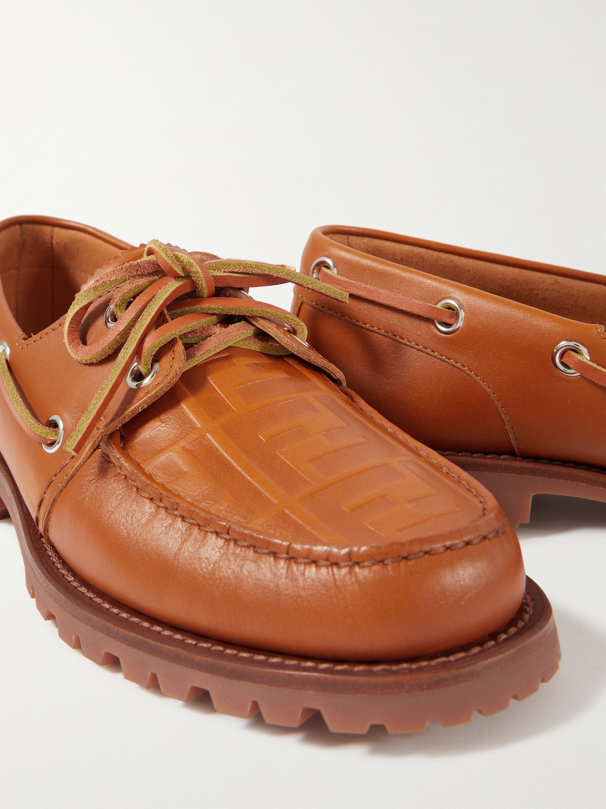 Brown Logo-Debossed Leather Boat Shoes 