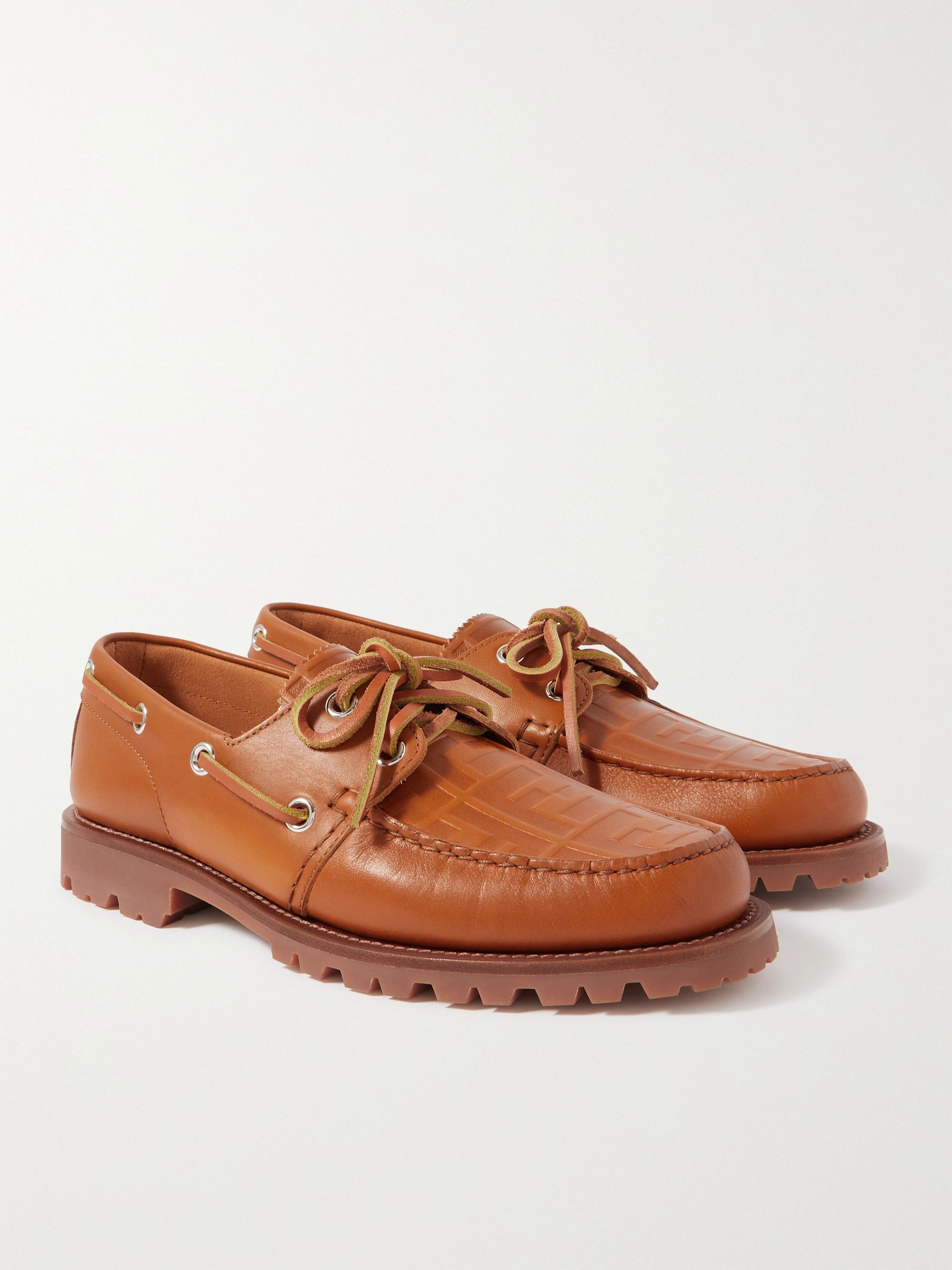 Brown Logo-Debossed Leather Boat Shoes 