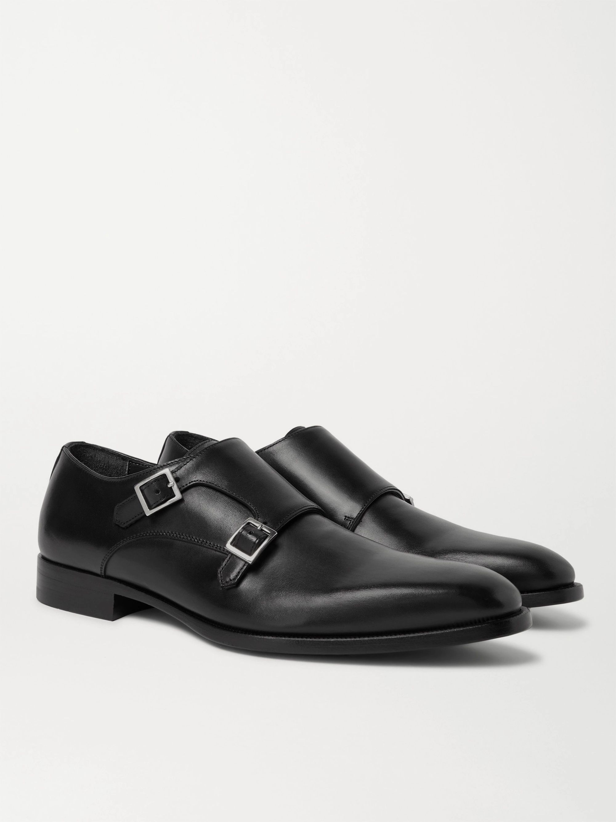 Black Leather Monk-Strap Shoes 