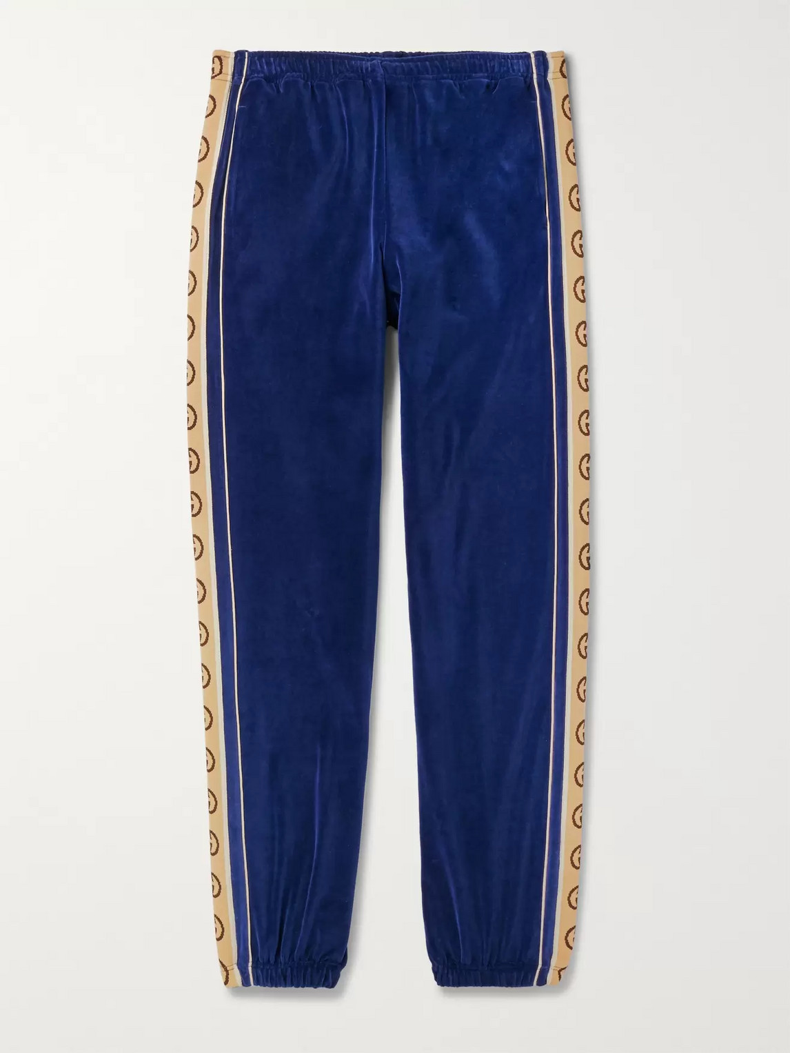 Gucci Tapered Logo-appliquéd Webbing-trimmed Piped Velvet Sweatpants In Blue