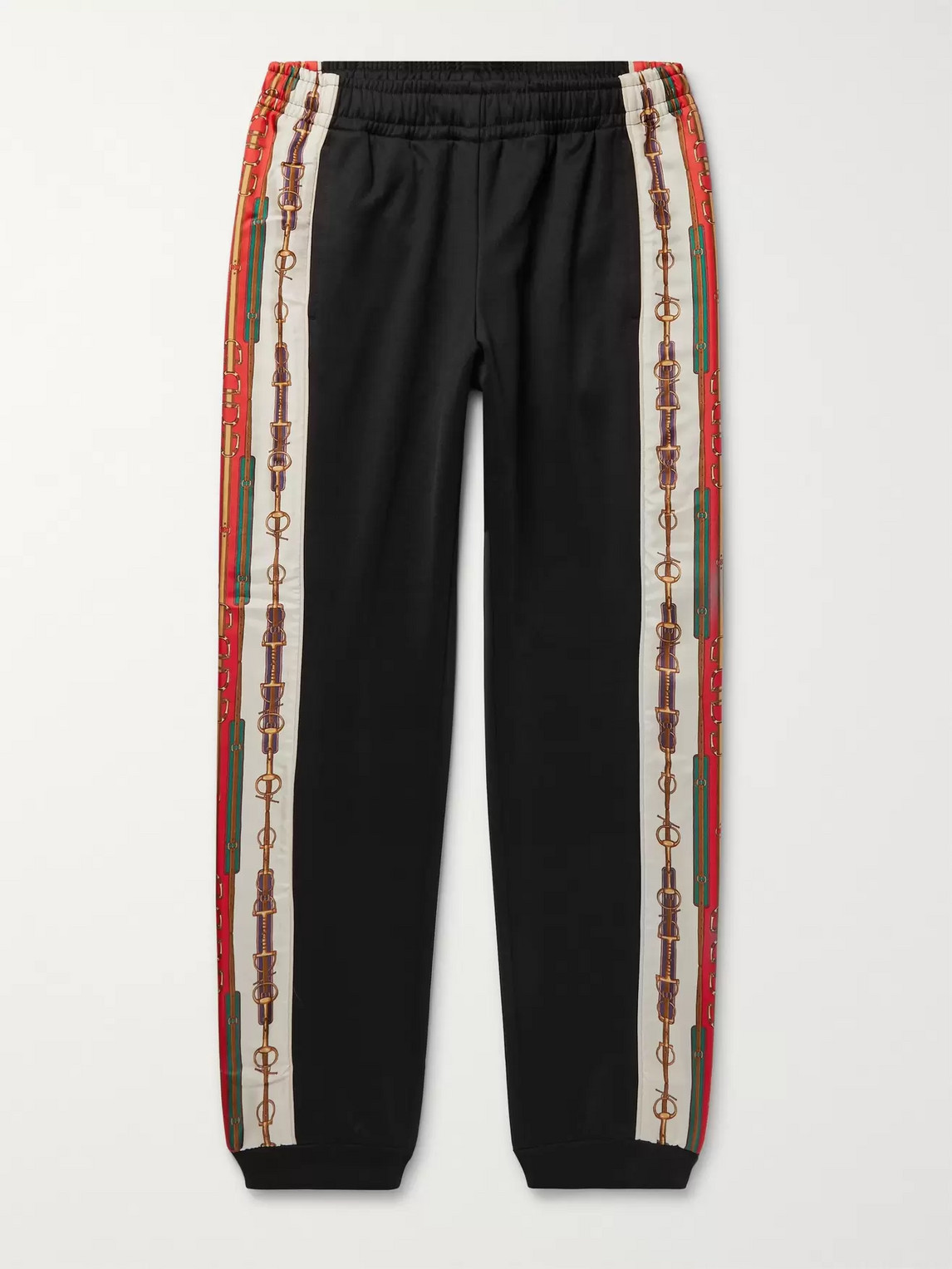 Gucci Slim-fit Tapered Printed Silk-trimmed Jersey Track Pants In Black