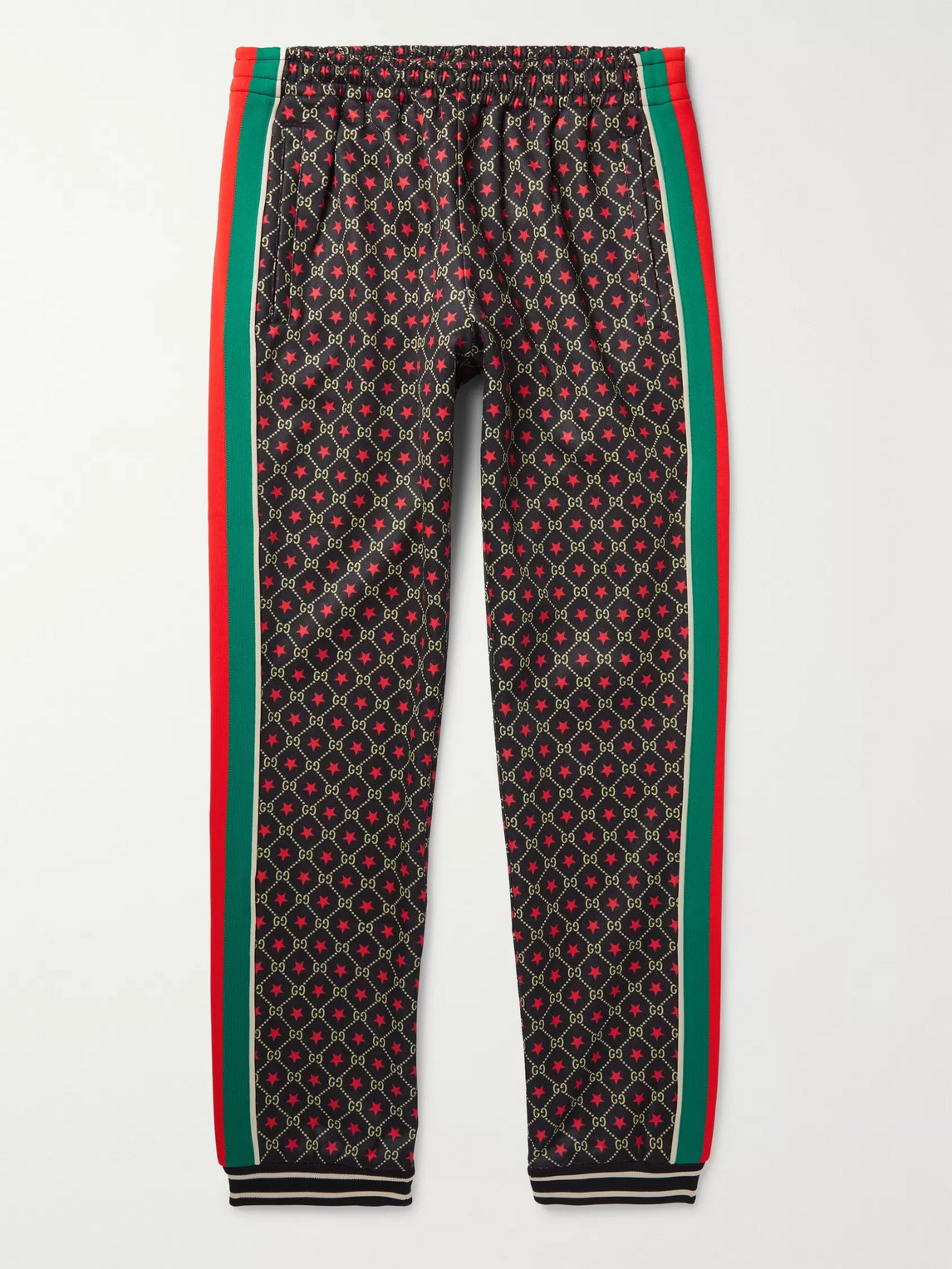 GUCCI TAPERED WEBBING-TRIMMED LOGO-PRINT TECH-JERSEY TRACK PANTS