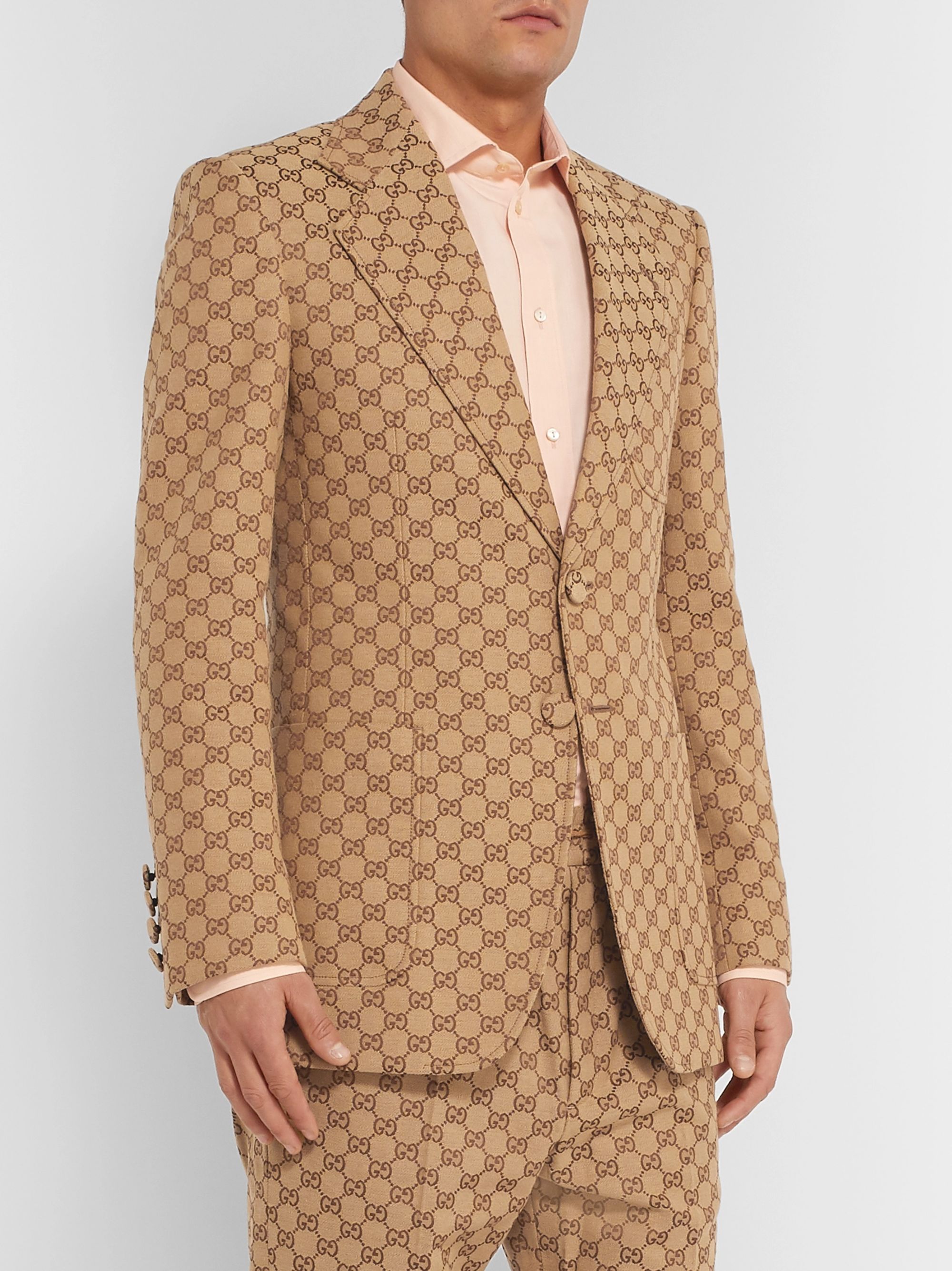 Camel Beige Slim-Fit Logo-Jacquard Cotton-Blend Suit Jacket | GUCCI ...