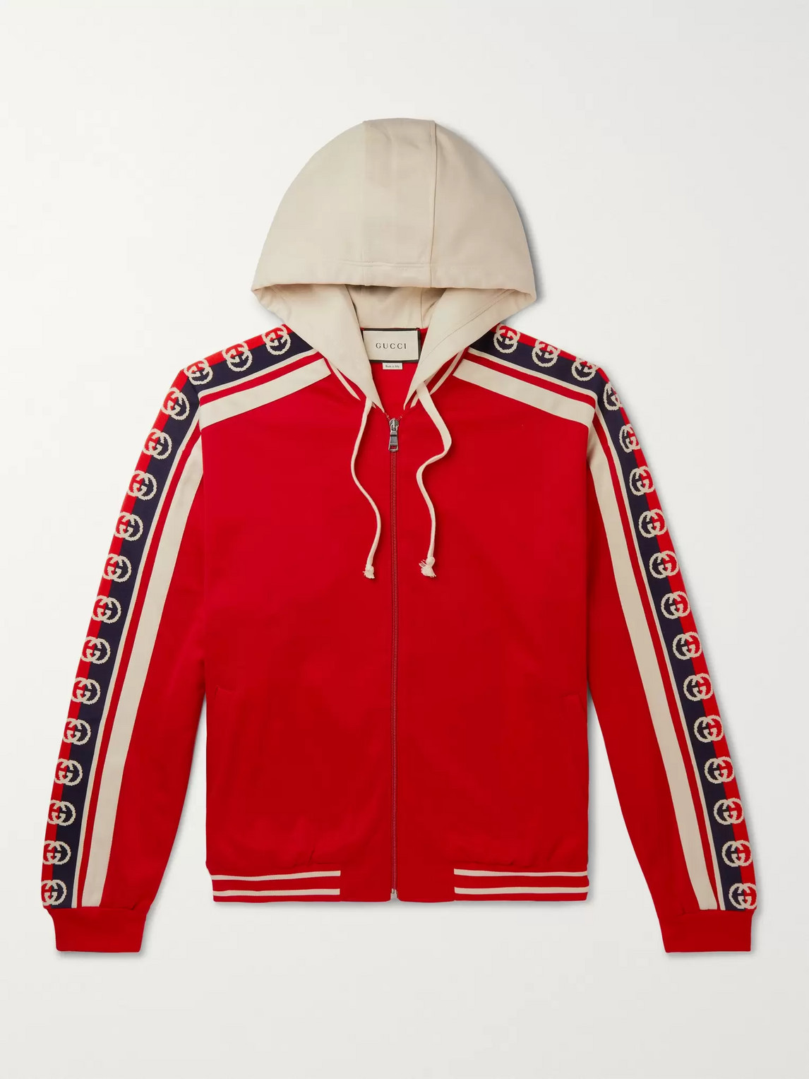 Gucci Webbing-trimmed Tech-jersey Zip-up Hoodie In Red