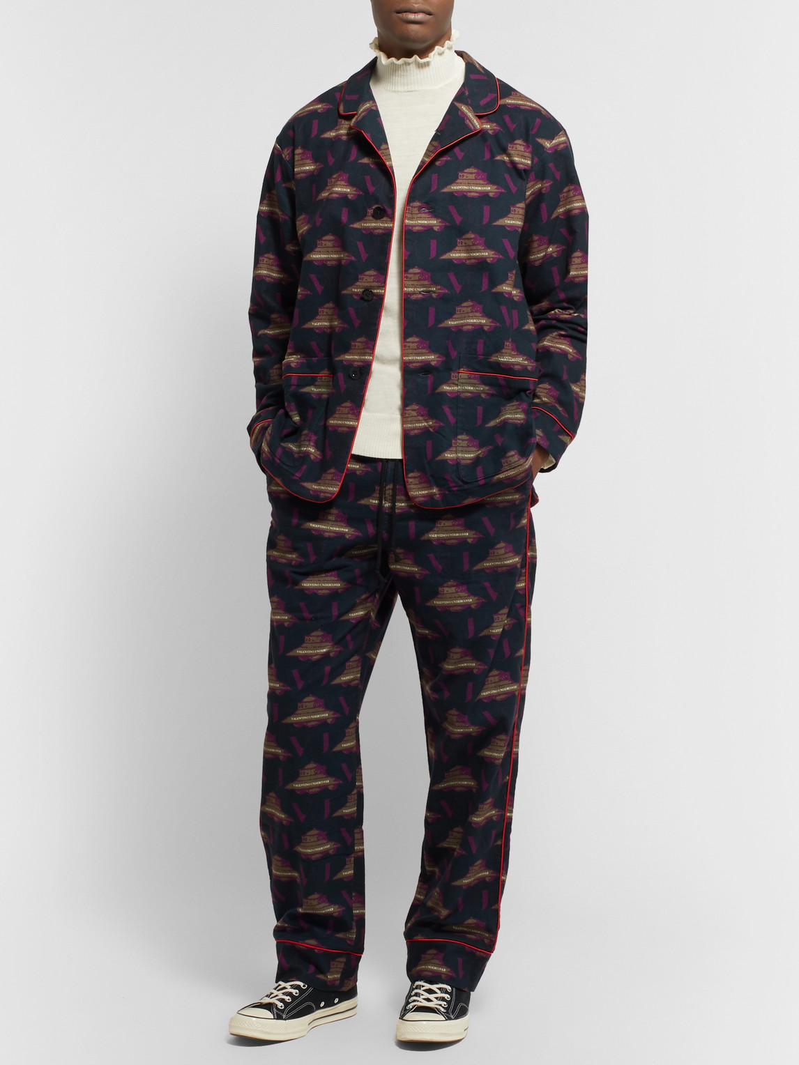Undercover Valentino Piped Printed Brushed-cotton Pyjama Set In Blue