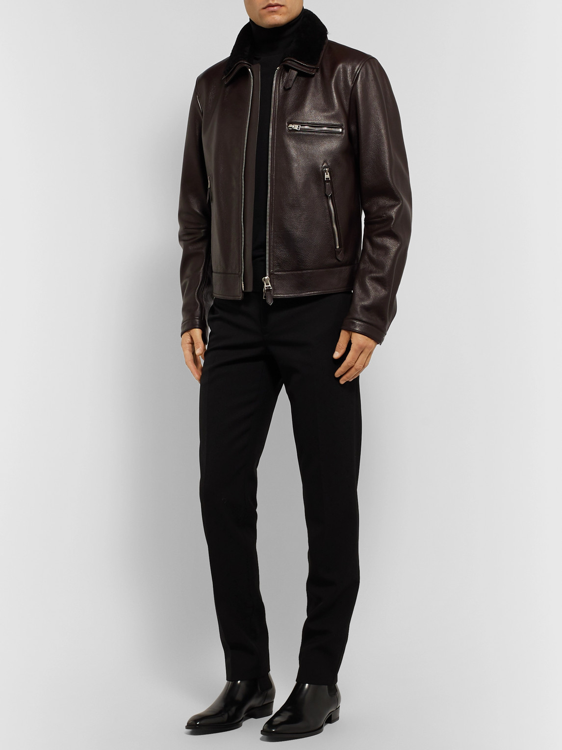TOM FORD SLIM-FIT SHEARLING-TRIMMED FULL-GRAIN LEATHER JACKET