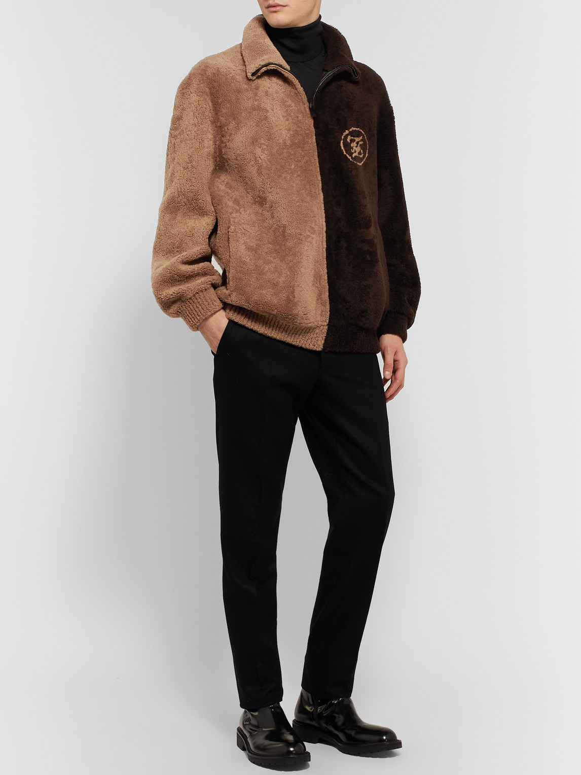 Fendi Logo-intarsia Colour-block Shearling Jacket In Brown