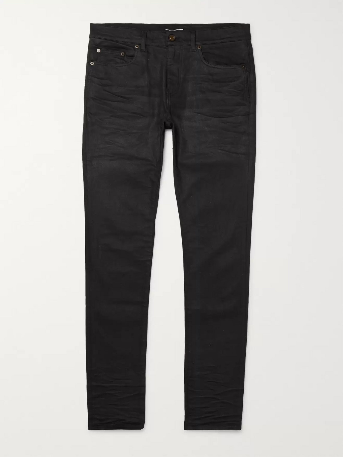Saint Laurent Skinny-fit 15cm Hem Coated-denim Jeans In Black