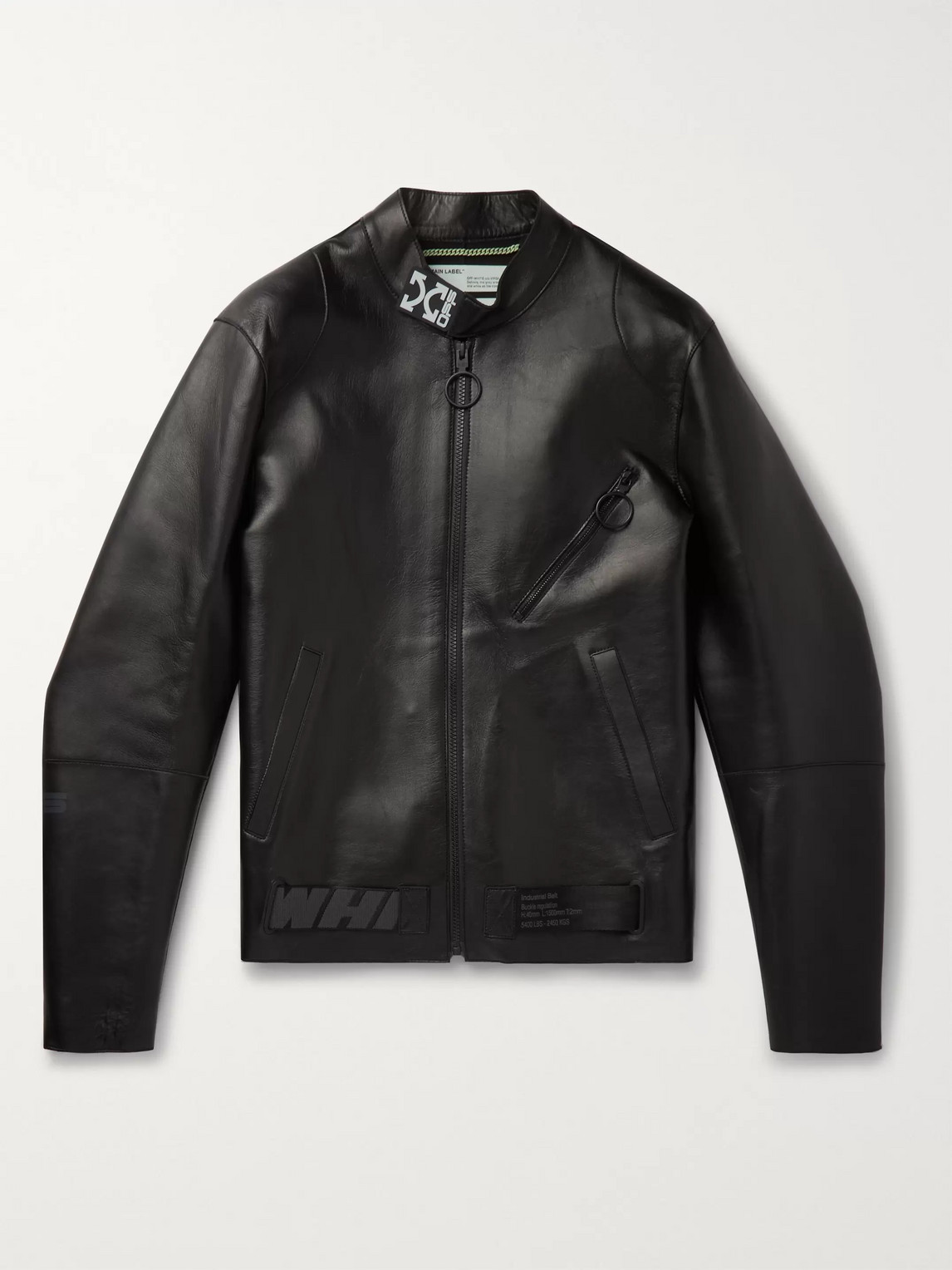 OFF-WHITE WEBBING-TRIMMED PRINTED LEATHER JACKET