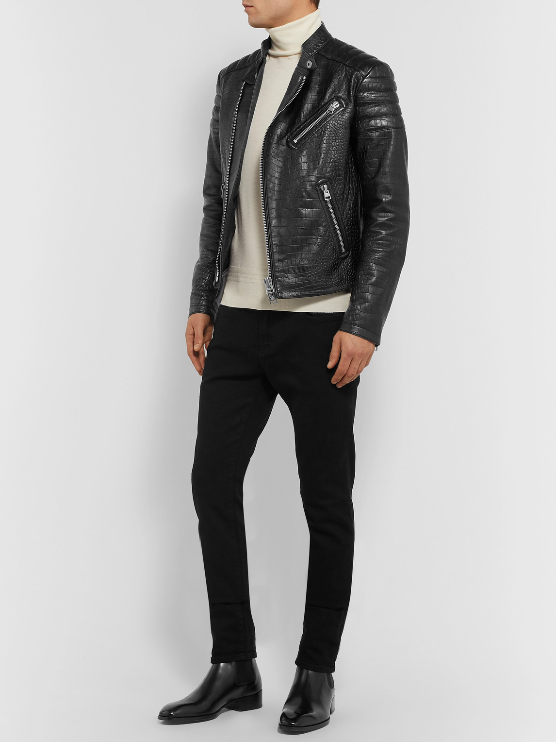 Tom Ford Slim-fit Croc-effect Leather Biker Jacket In Black