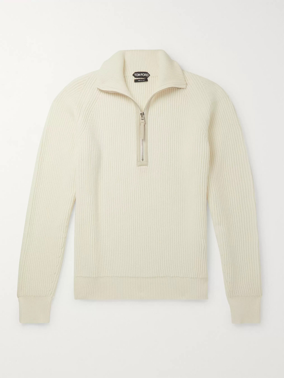 Tom Ford Slim-fit Leather-trimmed Ribbed Merino Wool And Cashmere-blend Half-zip Sweater In Neutrals
