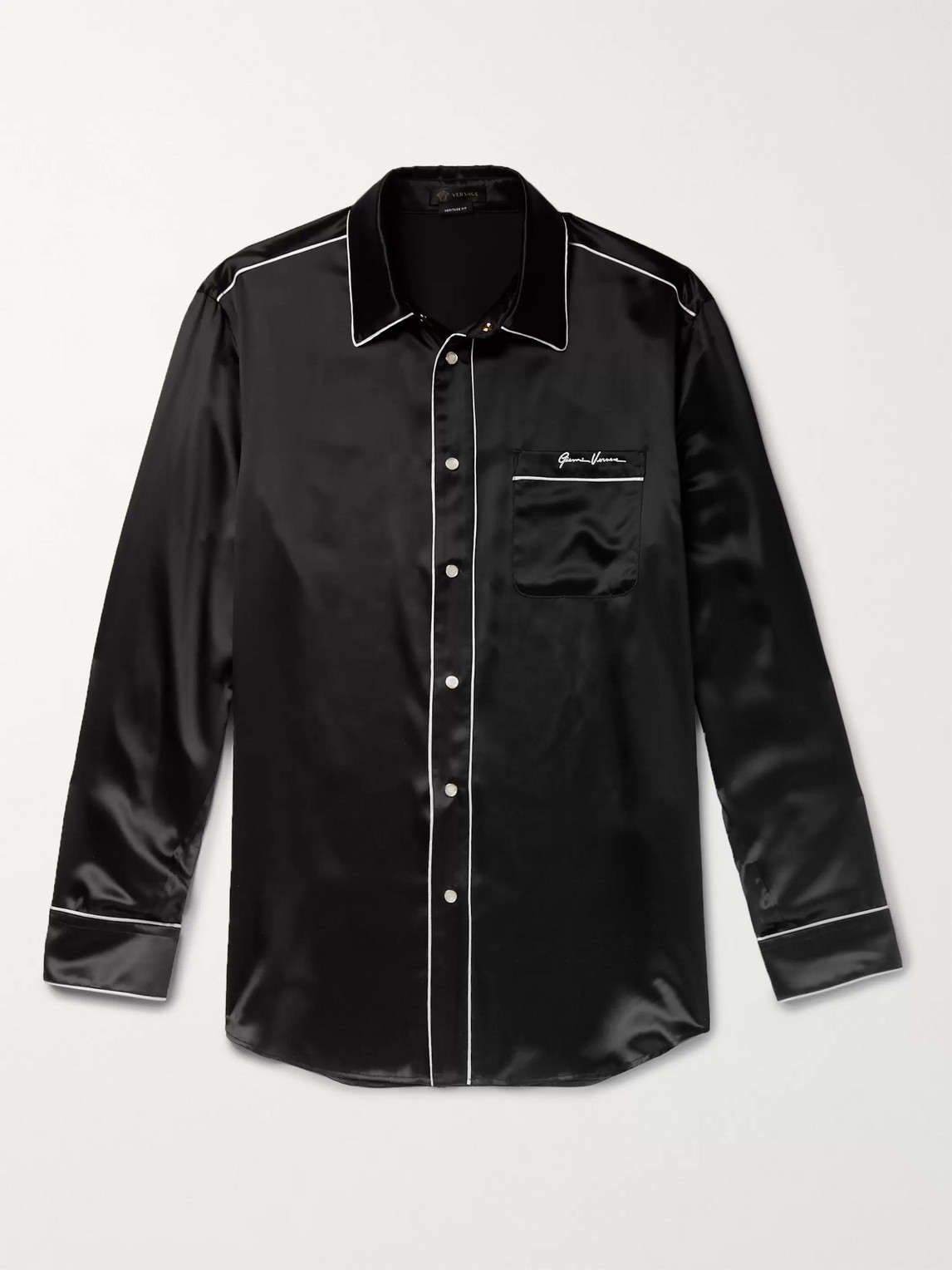 Versace Logo-embroidered Piped Silk-satin Western Shirt In Black