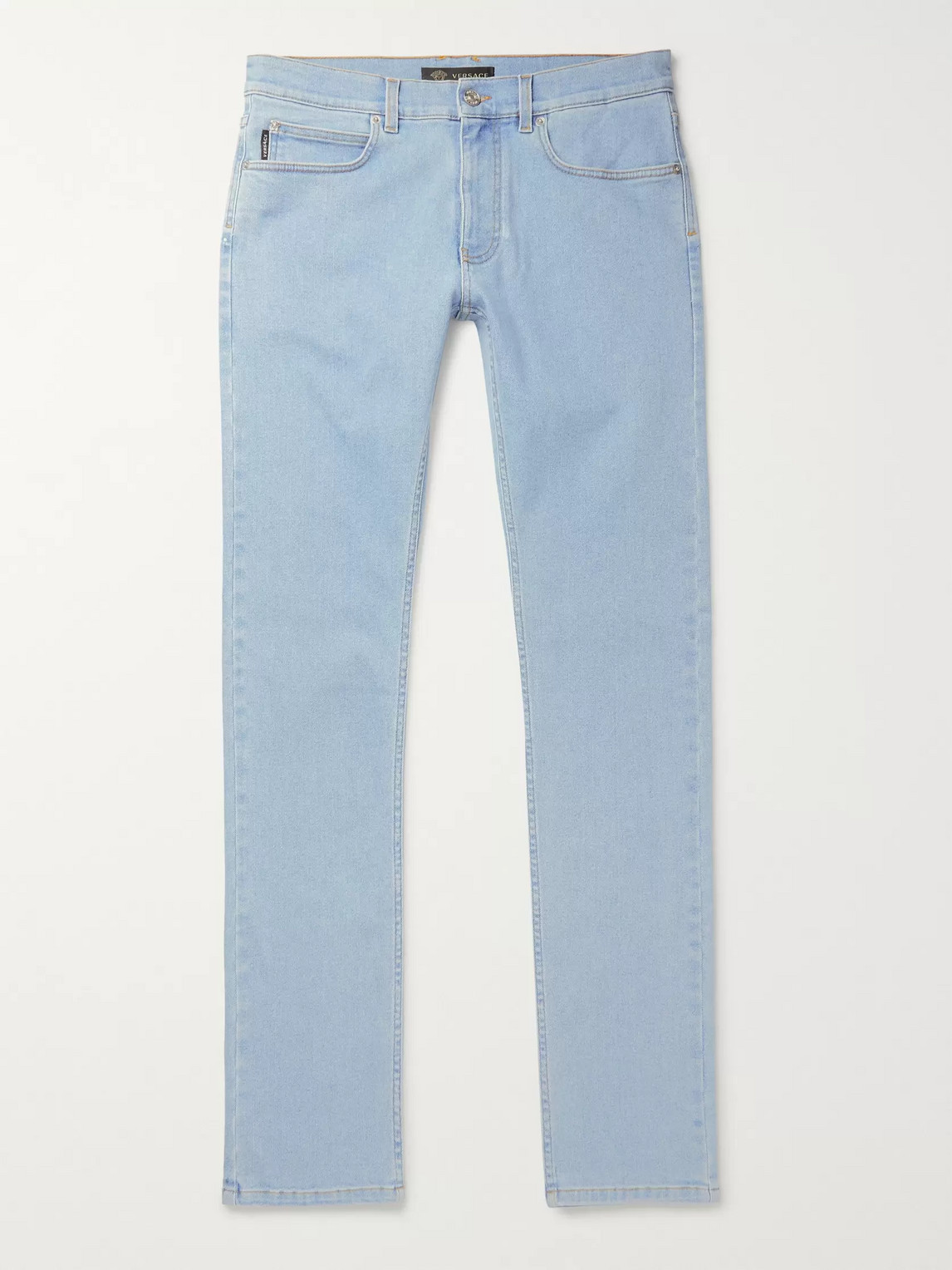 Versace Taylor Skinny Fit Logo-embroidered Printed Stretch-denim Jeans In Blue