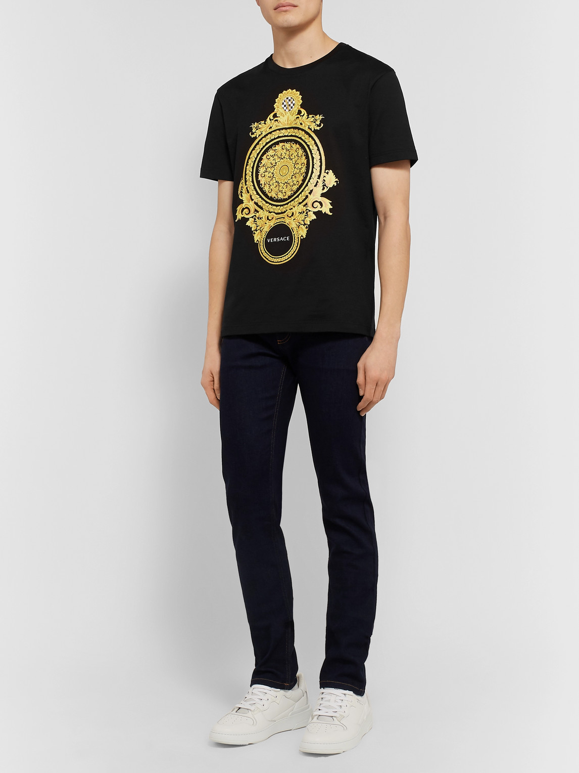 Shop Versace Slim-fit Printed Cotton-jersey T-shirt In Black