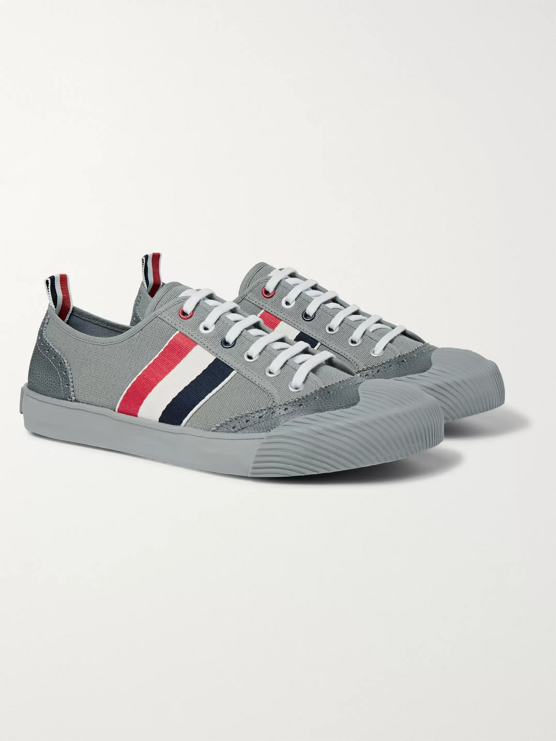 THOM BROWNE LEATHER AND GROSGRAIN-TRIMMED CANVAS SNEAKERS