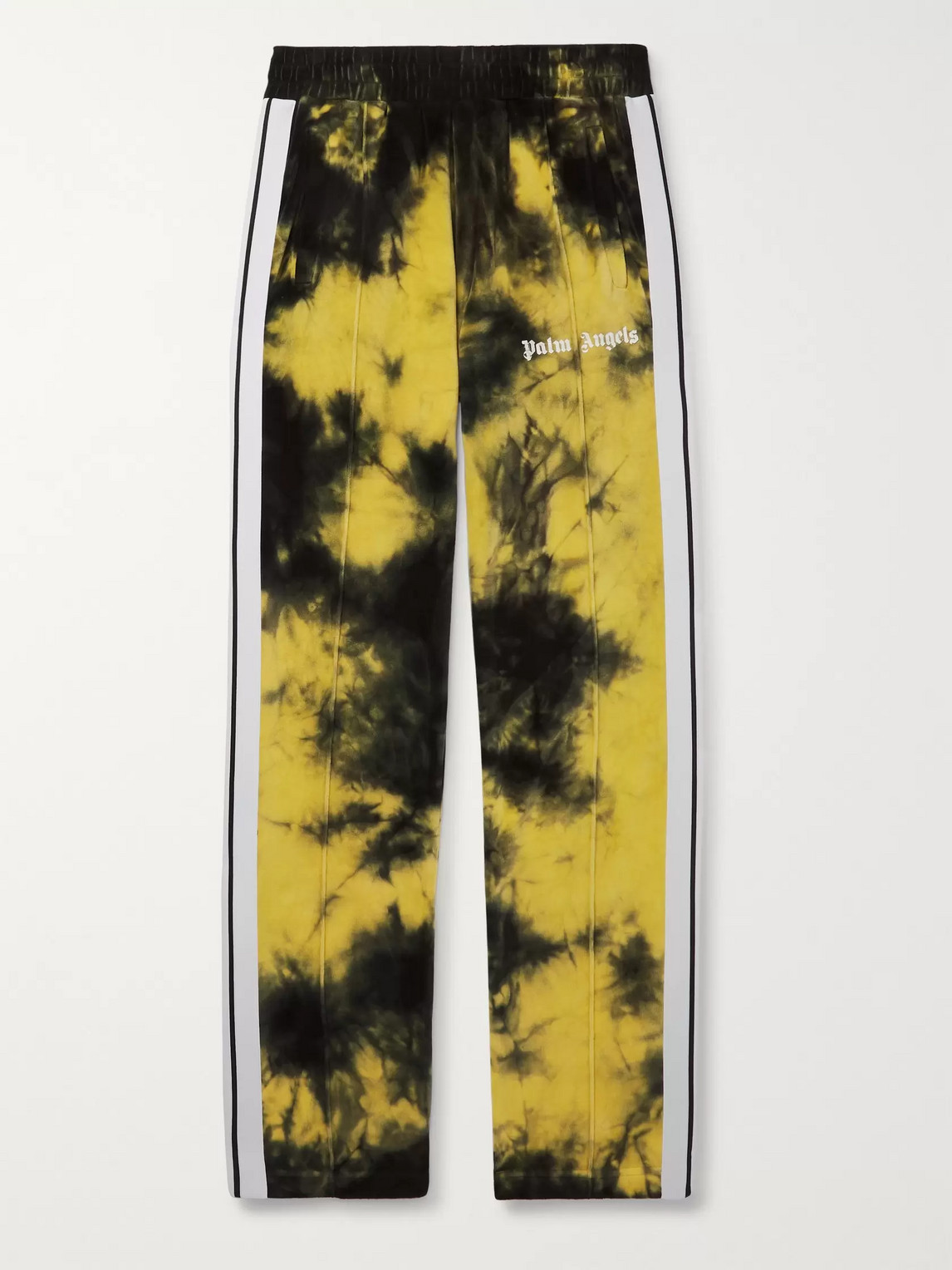 PALM ANGELS TAPERED STRIPED TIE-DYED COTTON-BLEND VELOUR TRACK trousers