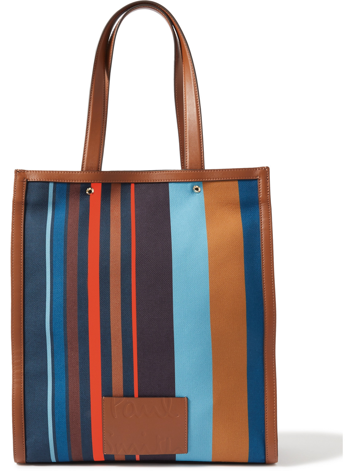 PAUL SMITH LEATHER-TRIMMED STRIPED RECYCLED CANVAS TOTE BAG