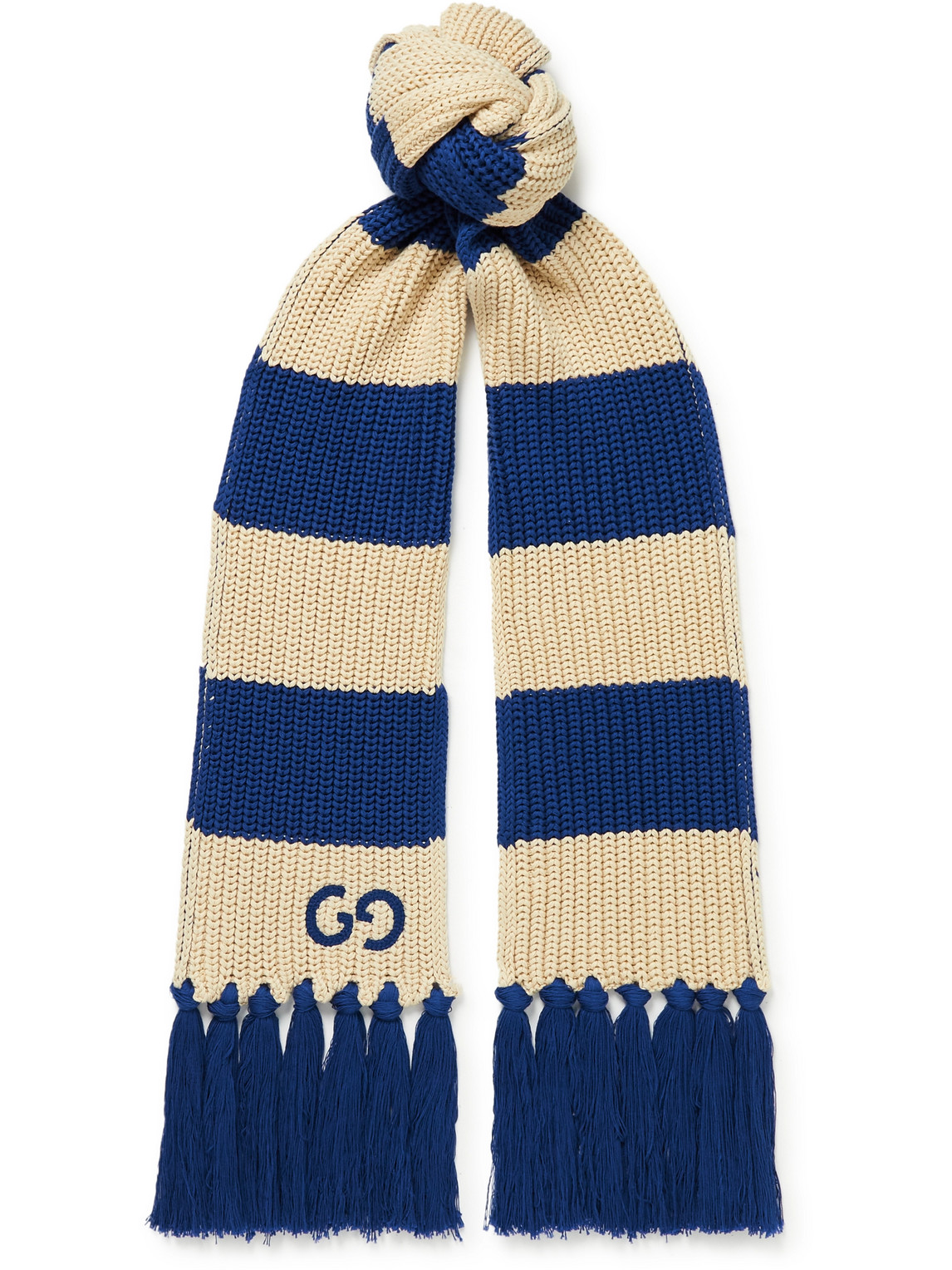 GUCCI FRINGED STRIPED LOGO-EMBROIDERED RIBBED COTTON SCARF