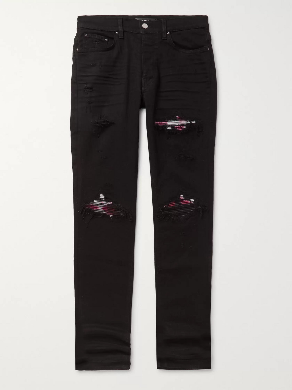 Amiri Mx1 Skinny-fit Panelled Distressed Stretch-denim Jeans In Black