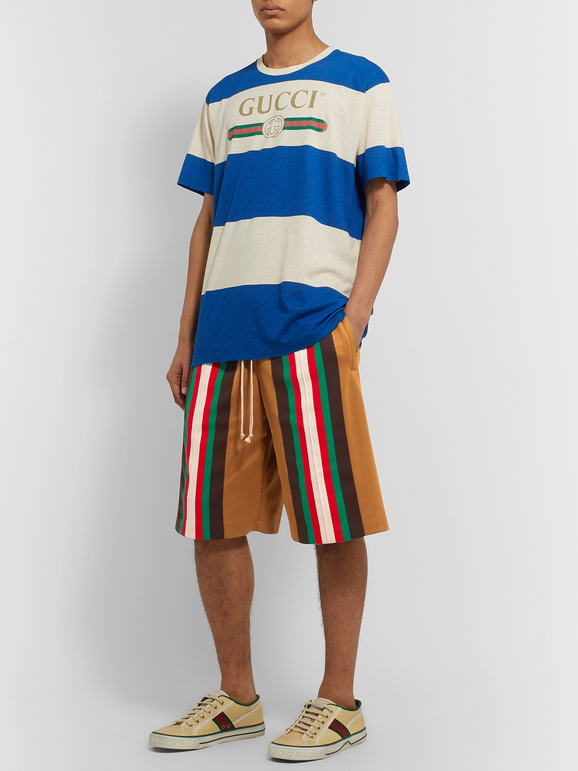 Gucci Wide-leg Striped Webbing-trimmed Tech-jersey Shorts In Brown