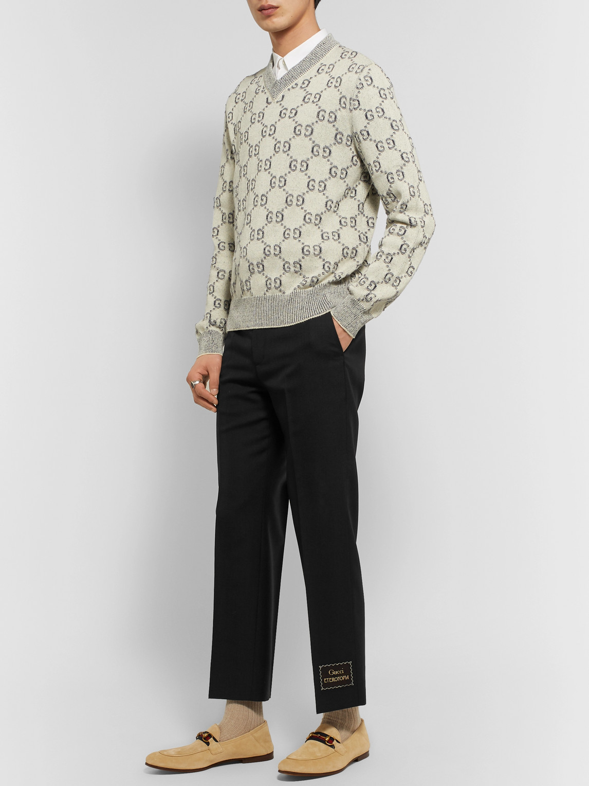 Gucci Cropped Flared Logo-appliquéd Wool And Mohair-blend Trousers In Black