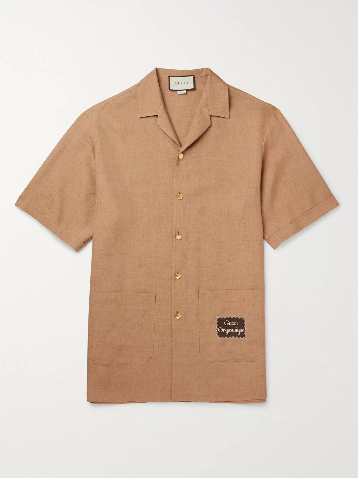 Gucci Camp-collar Appliquéd Hopsack Shirt In Brown