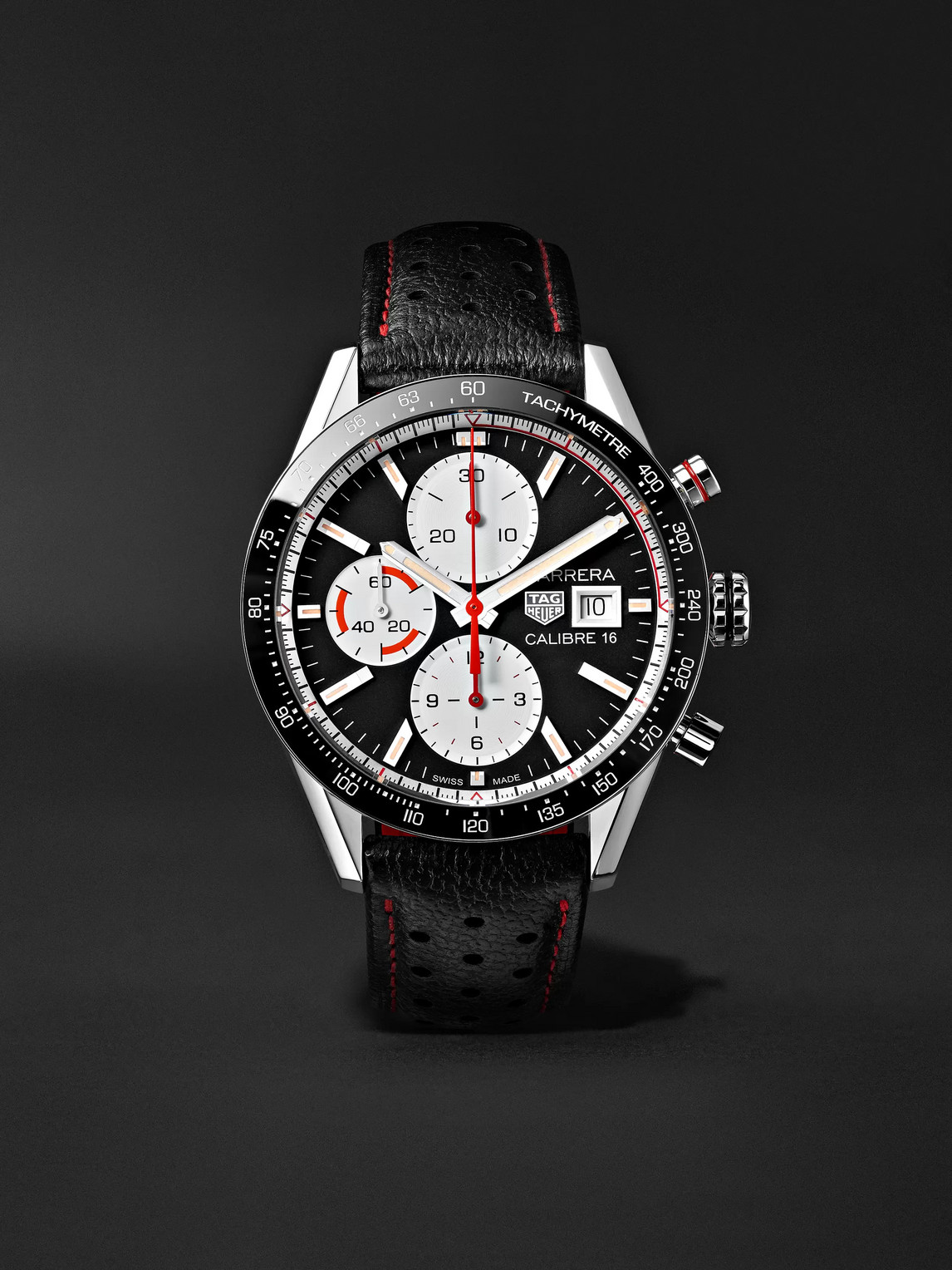 TAG HEUER CARRERA AUTOMATIC CHRONOGRAPH 41MM STEEL AND LEATHER WATCH, REF. NO. CV201AP.FC6429